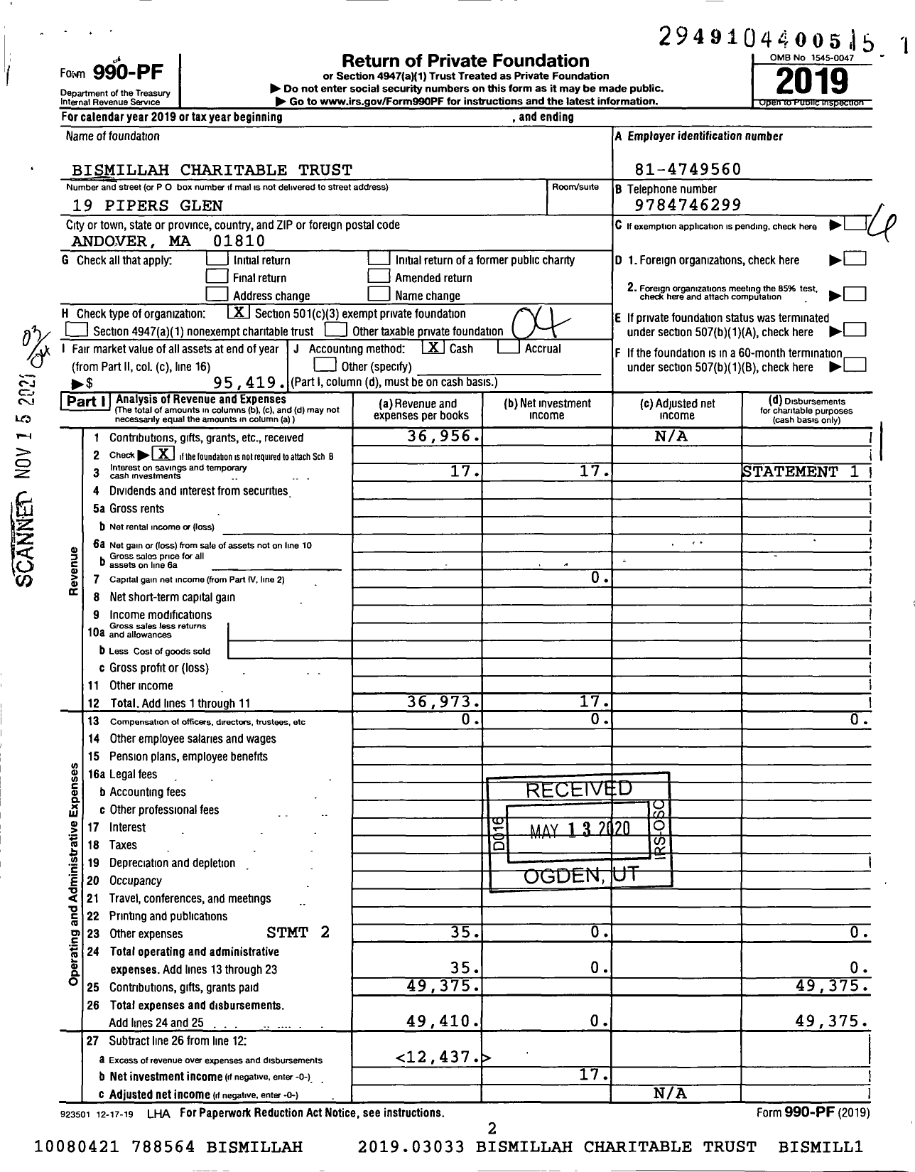 Image of first page of 2019 Form 990PF for Bismillah Charitable Trust