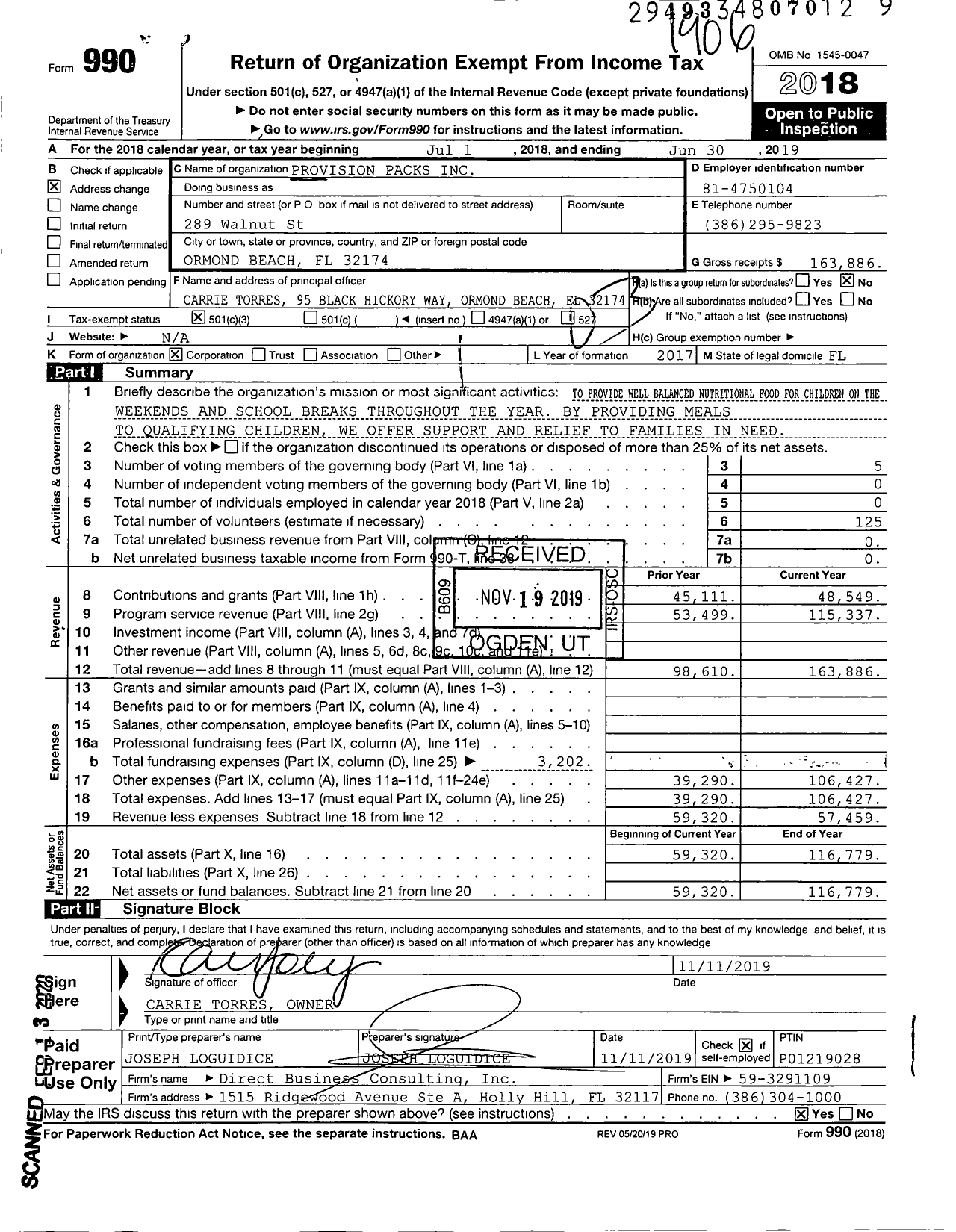 Image of first page of 2018 Form 990 for Provision Packs