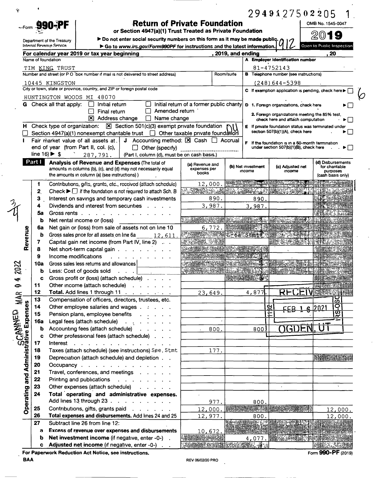 Image of first page of 2019 Form 990PF for Tim King Trust