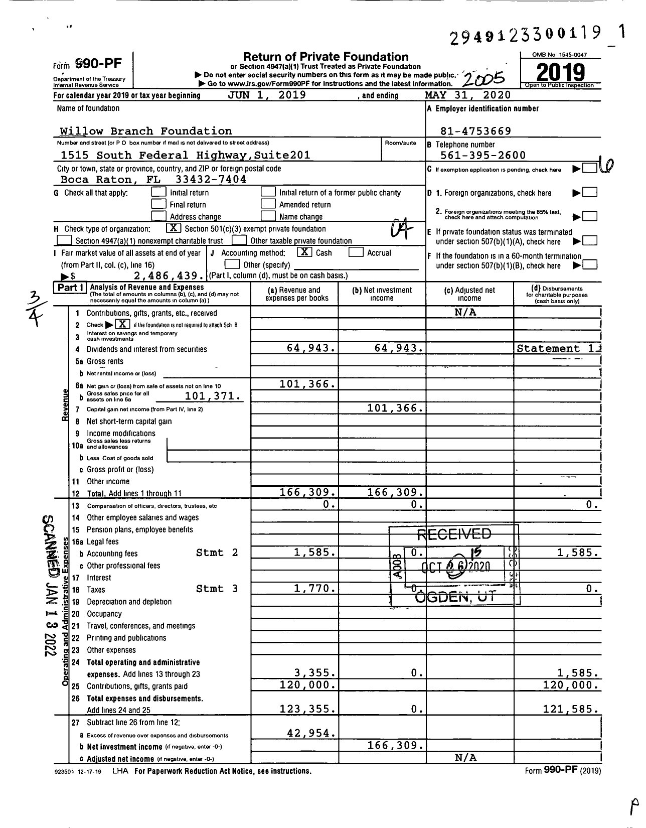 Image of first page of 2019 Form 990PF for Willow Branch Foundation