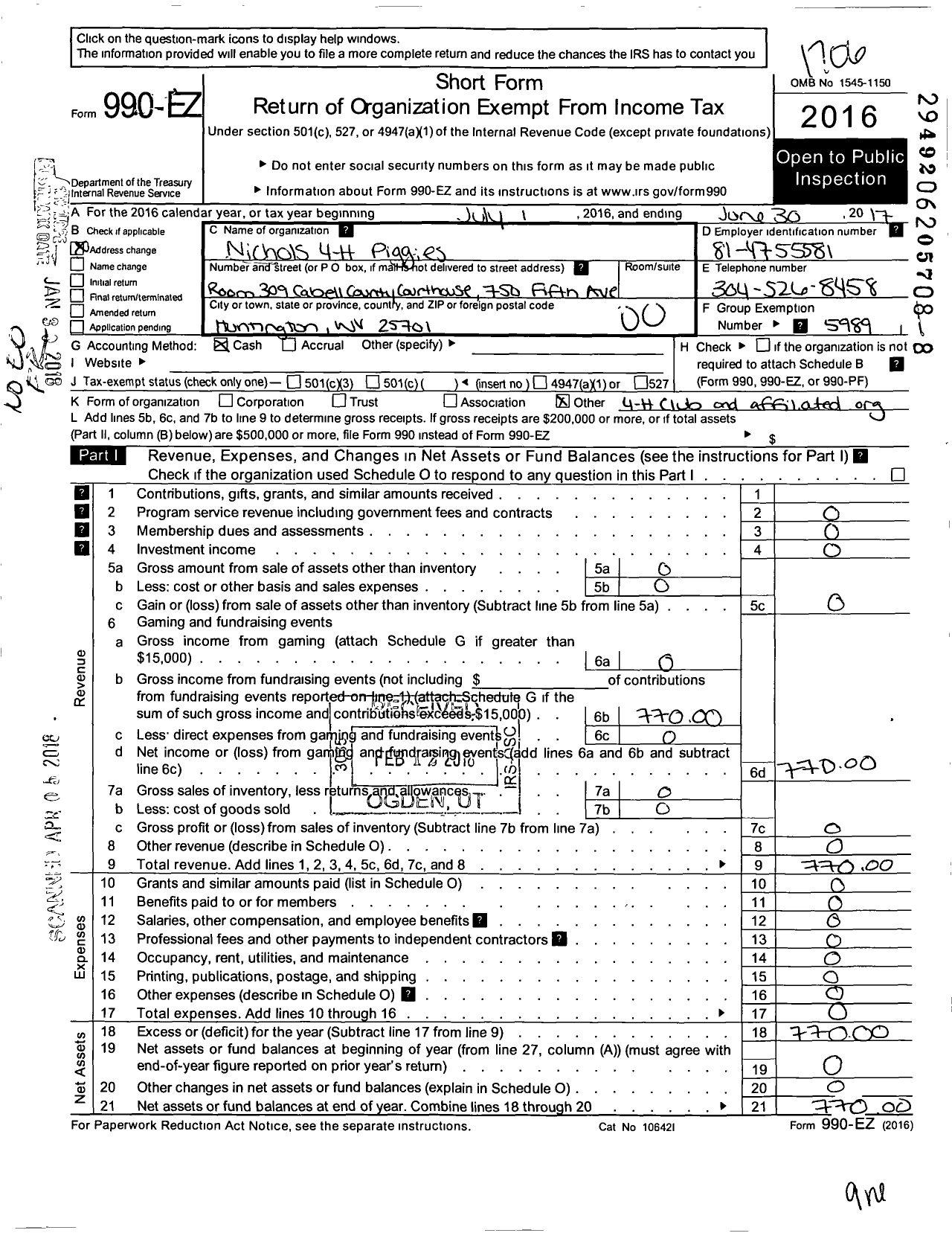 Image of first page of 2016 Form 990EO for State of West Virginia West Virginia University / Nichols 4-H Piggies