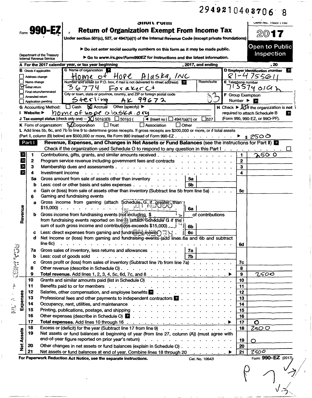 Image of first page of 2017 Form 990EZ for Home of Hope Alaska