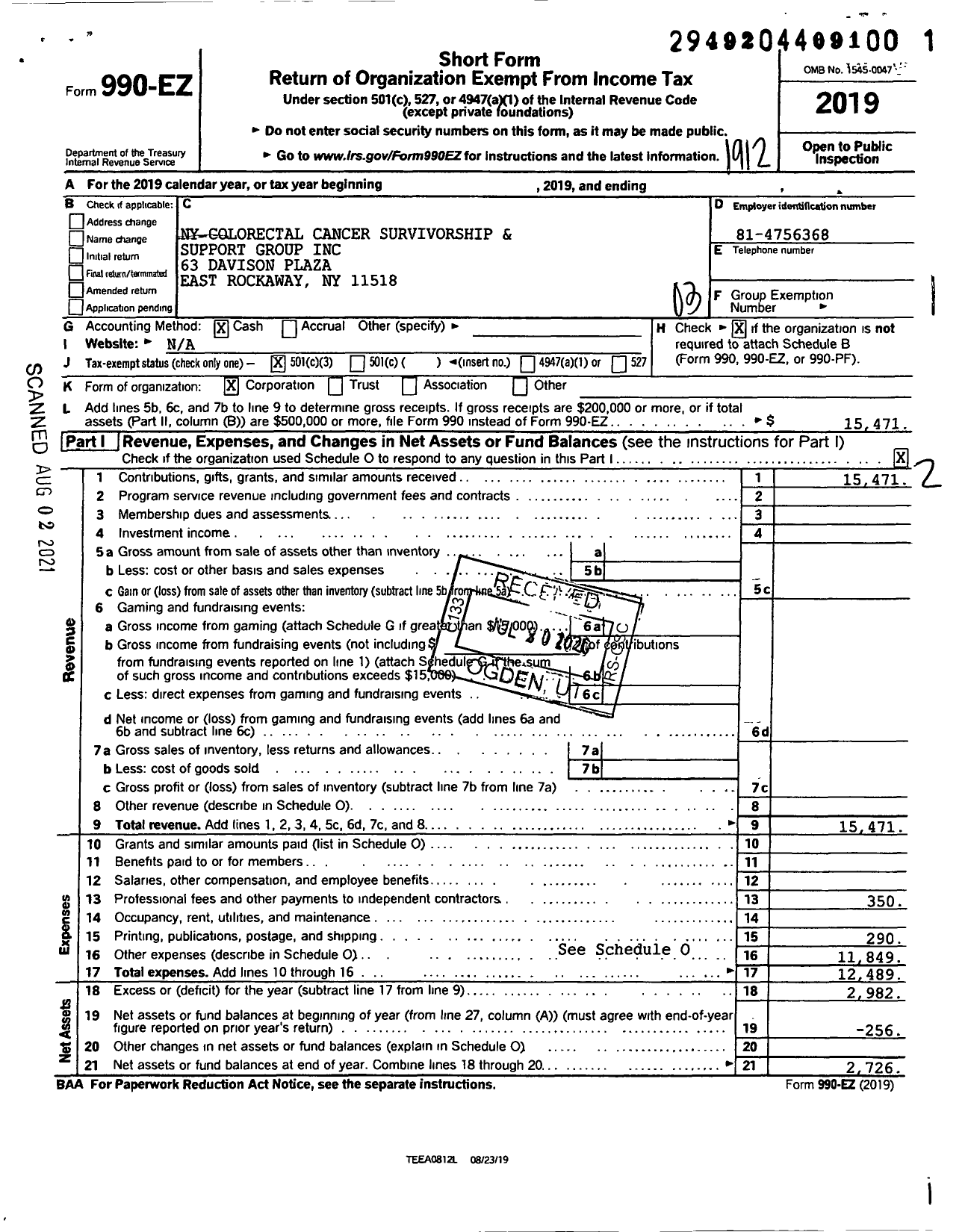 Image of first page of 2019 Form 990EZ for Ny Colorectal Cancer Survivorship and Support Group