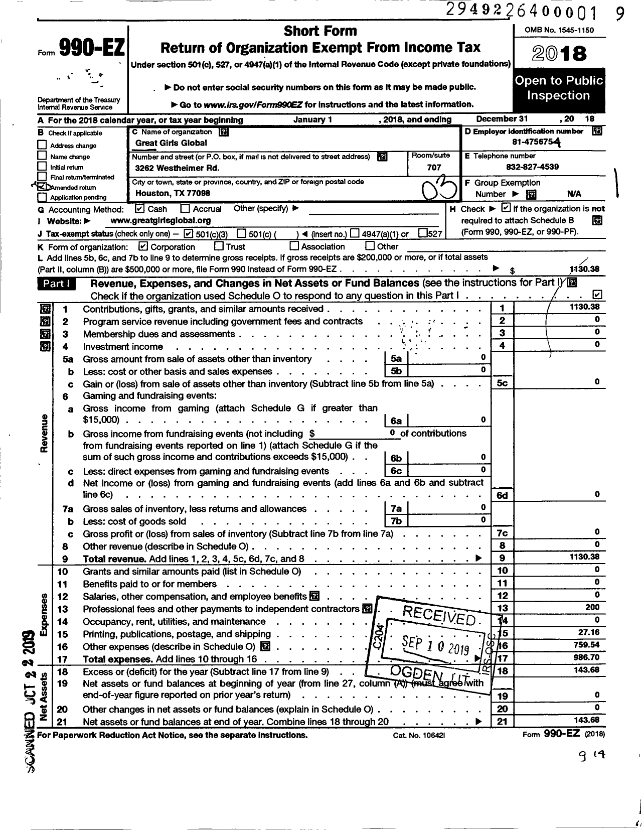 Image of first page of 2018 Form 990EZ for Great Girls Global