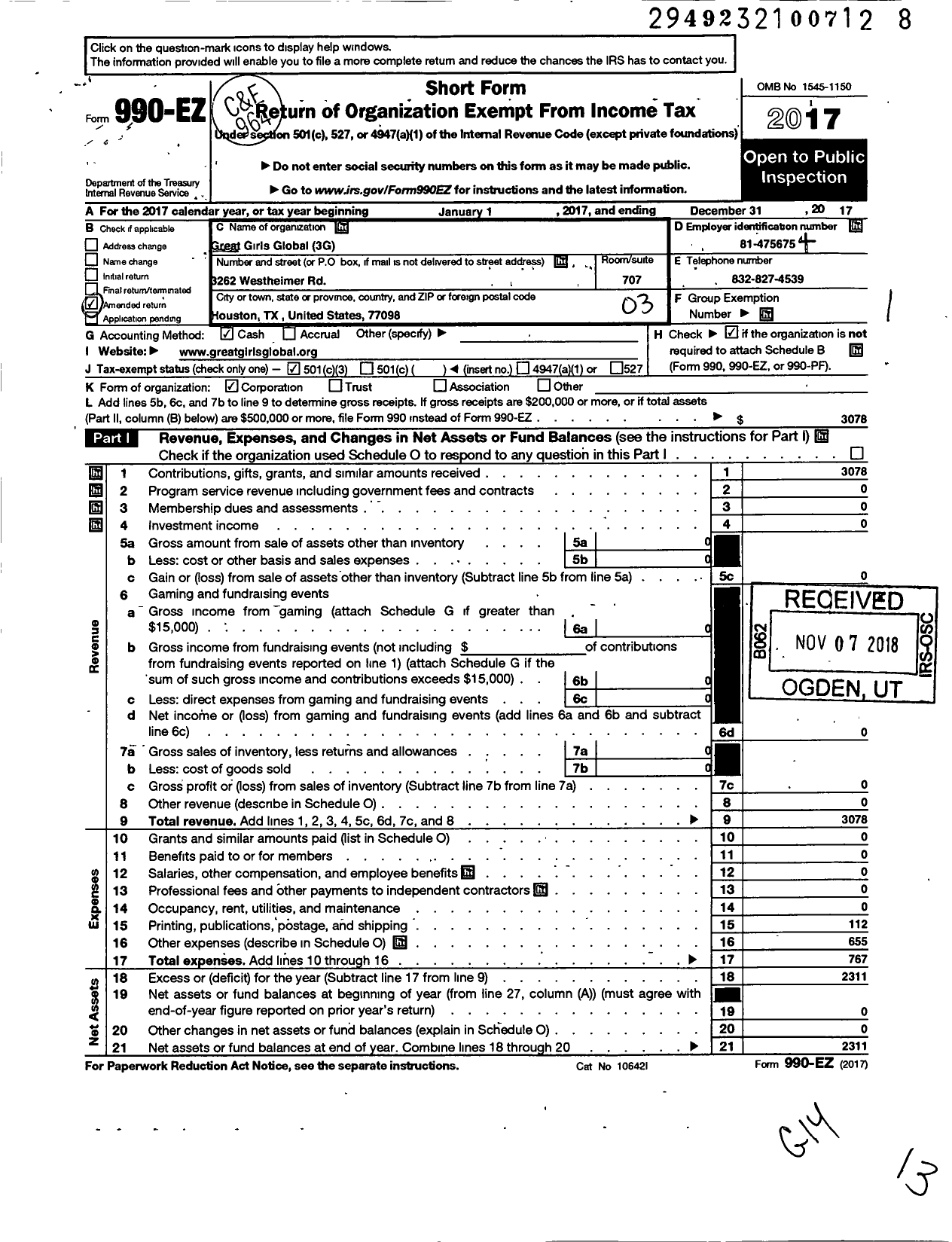 Image of first page of 2017 Form 990EZ for Great Girls Global