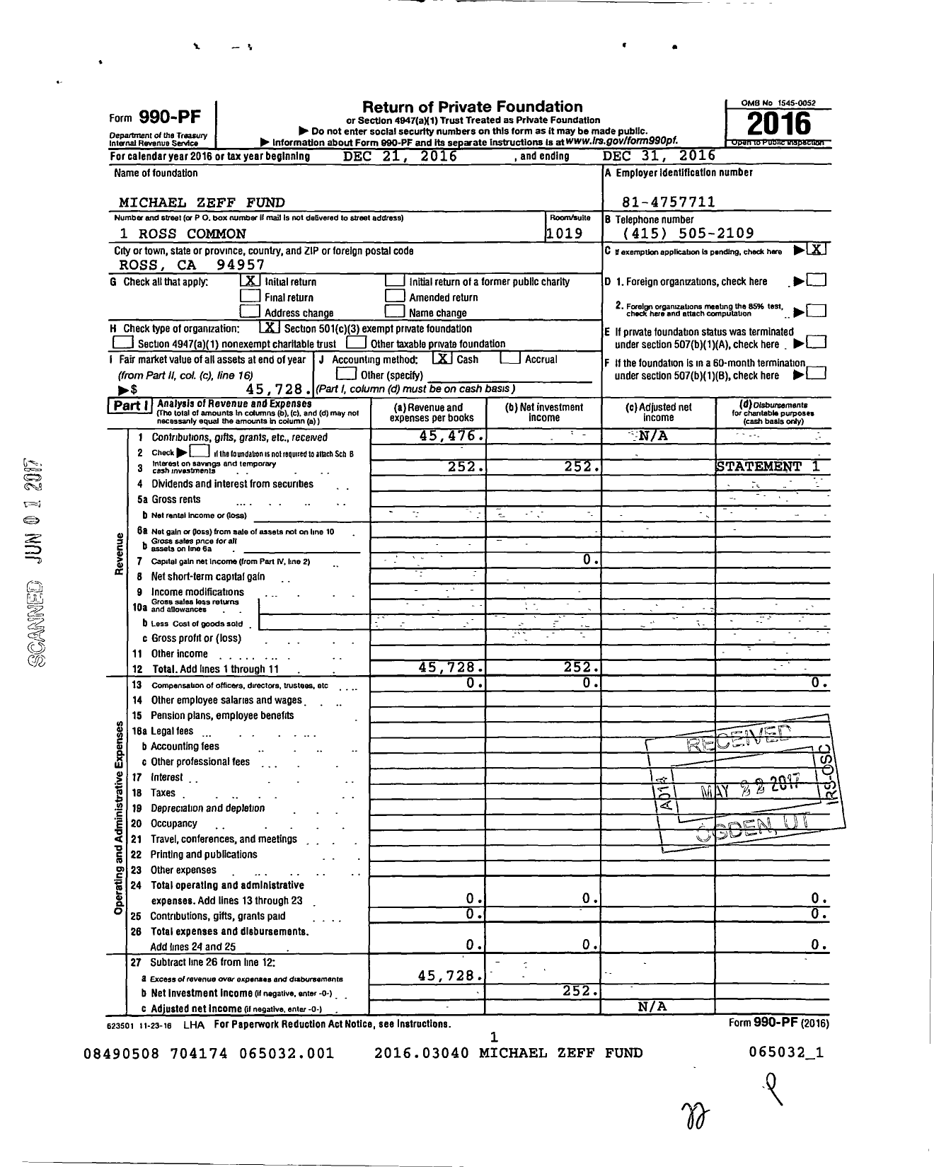 Image of first page of 2016 Form 990PF for Michael Zeff Fund