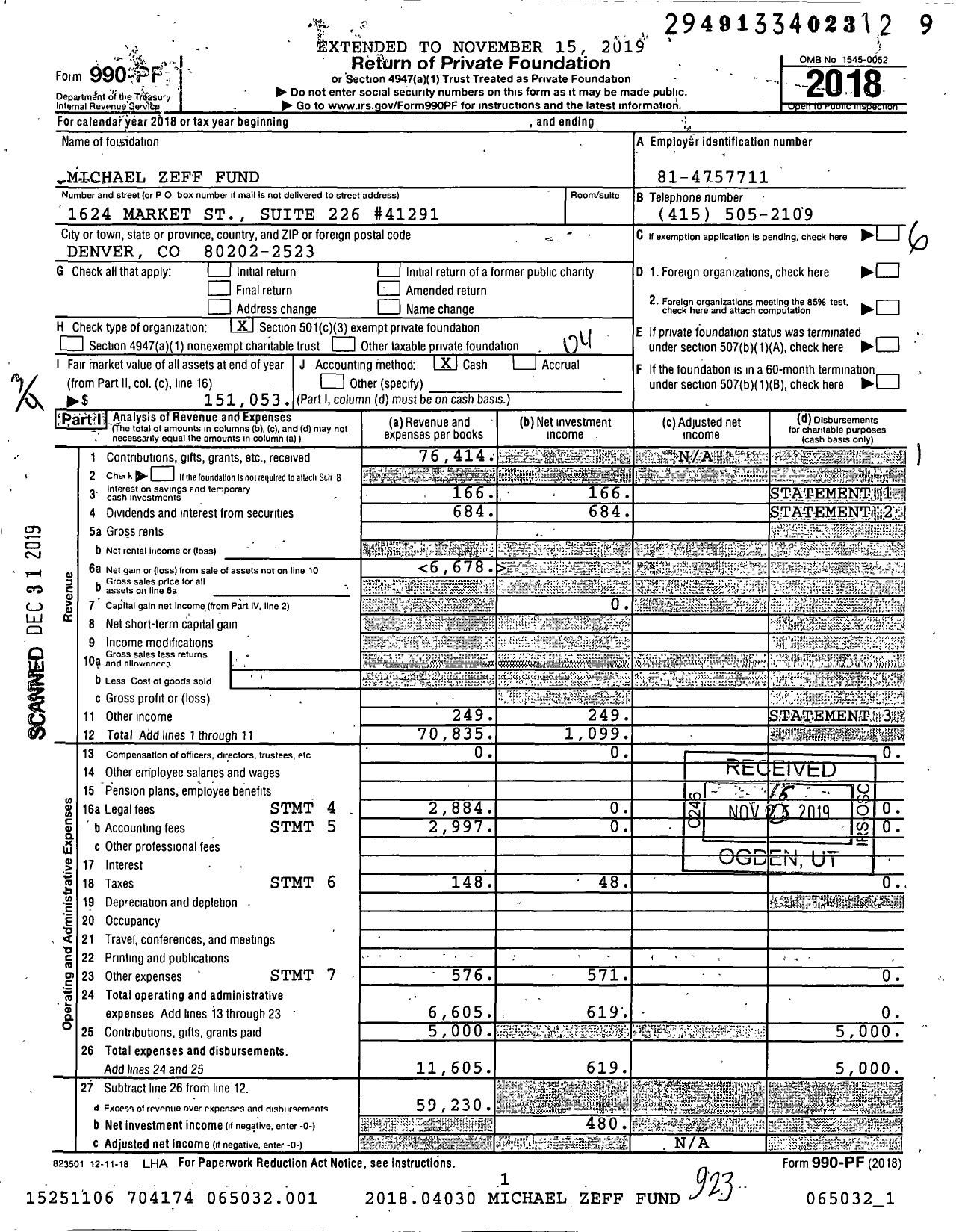 Image of first page of 2018 Form 990PF for Michael Zeff Fund