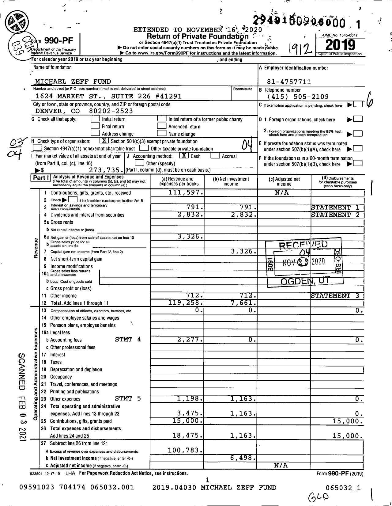 Image of first page of 2019 Form 990PF for Michael Zeff Fund