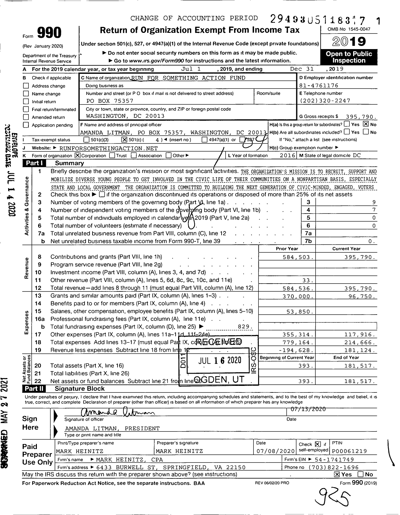 Image of first page of 2019 Form 990O for Run for Something Action Fund