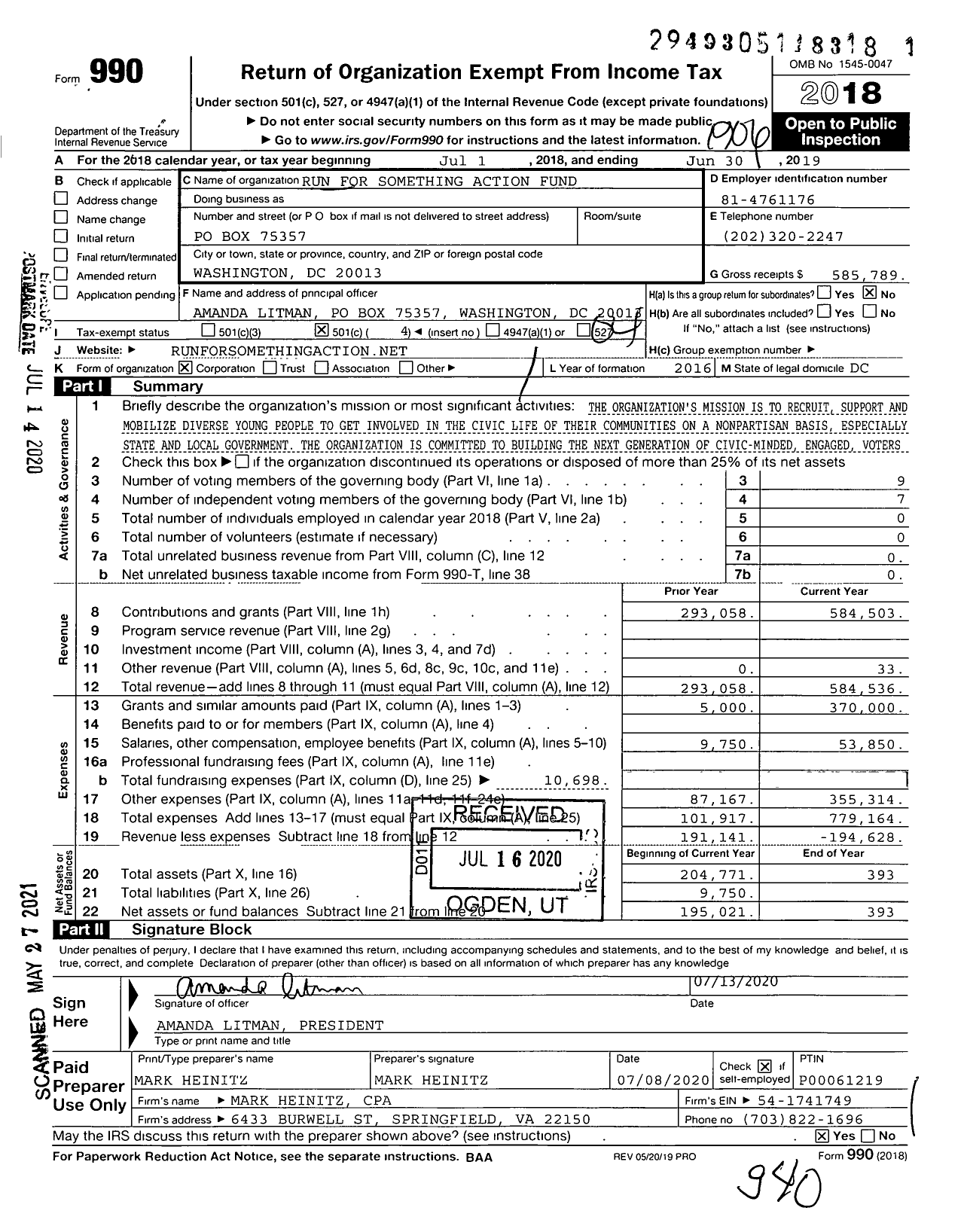 Image of first page of 2018 Form 990O for Run for Something Action Fund