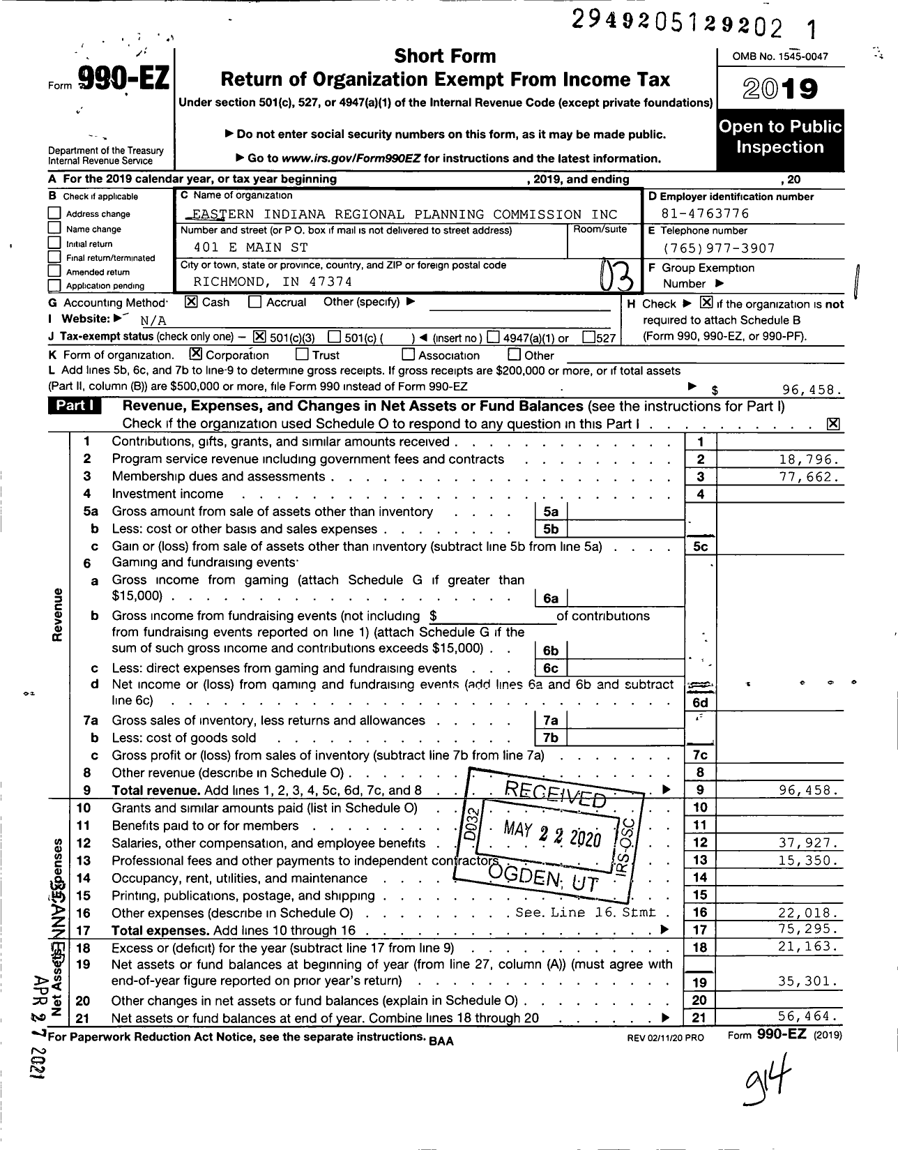 Image of first page of 2019 Form 990EZ for Eastern Indiana Regional Planning Commission