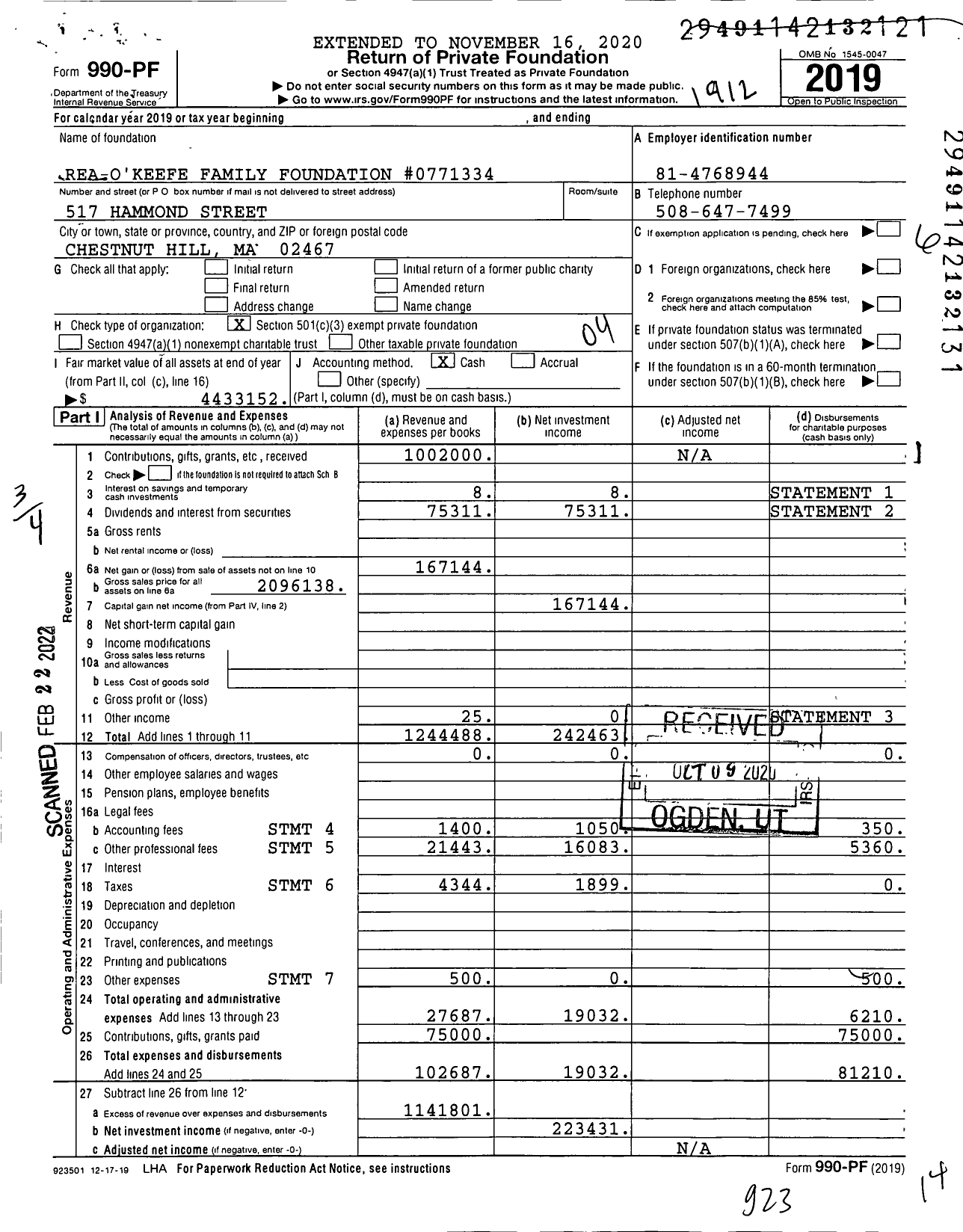 Image of first page of 2019 Form 990PF for Rea-O'Keefe Family Foundation #0771334