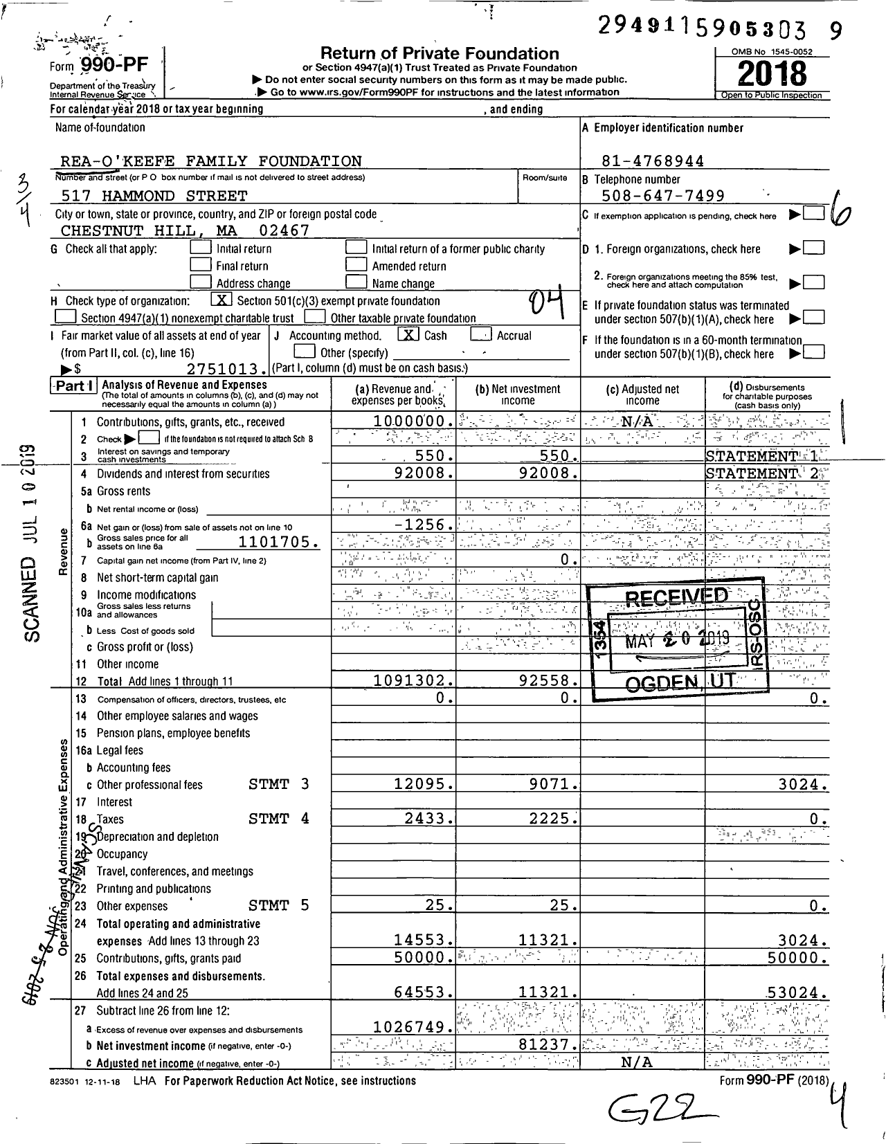 Image of first page of 2018 Form 990PF for Rea-O'Keefe Family Foundation #0771334