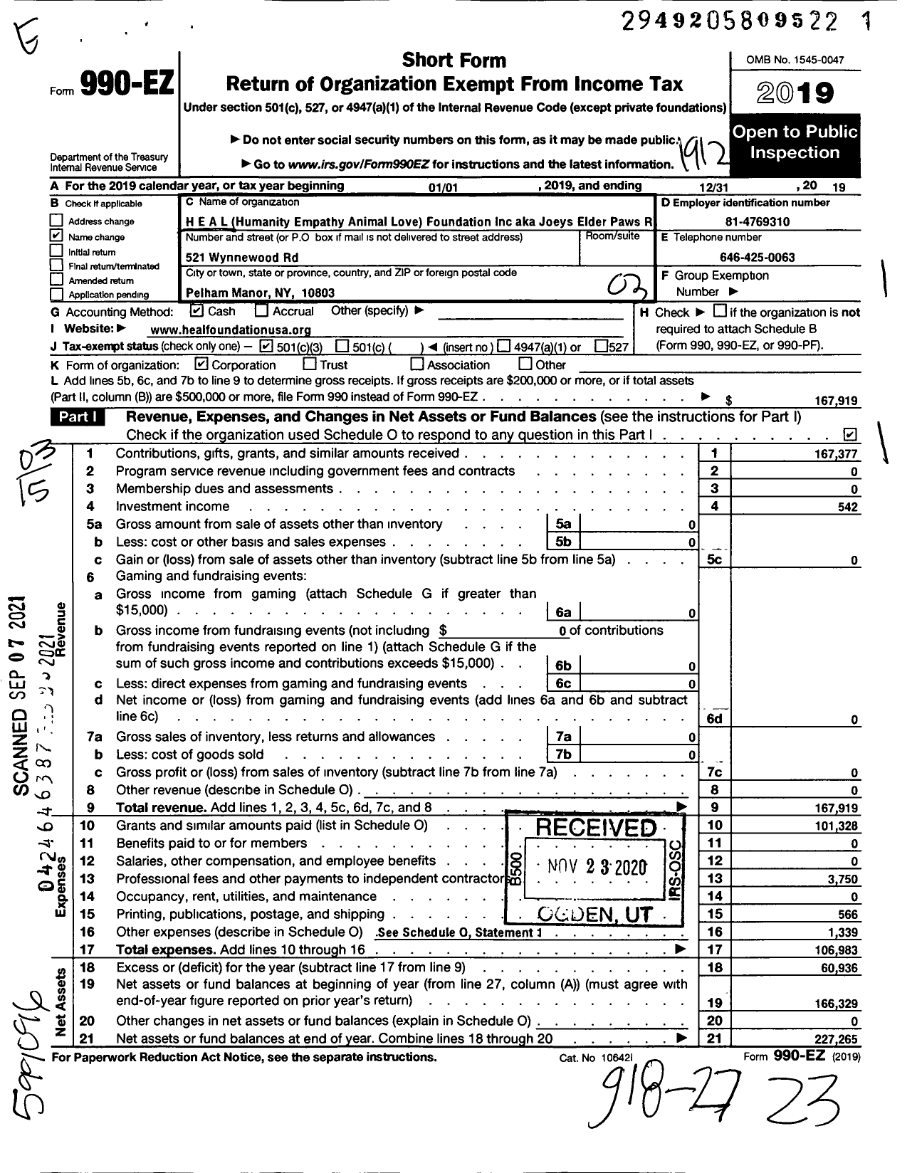 Image of first page of 2019 Form 990EZ for Joeys Elder Paws Rescue