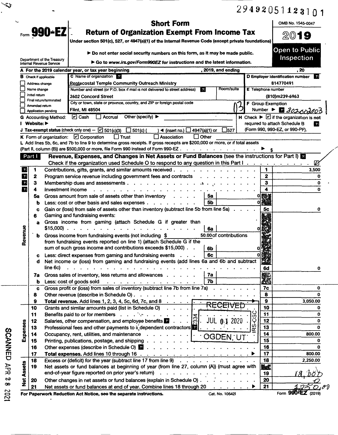 Image of first page of 2019 Form 990EZ for Pentecostal Temple Community Outreach Ministry