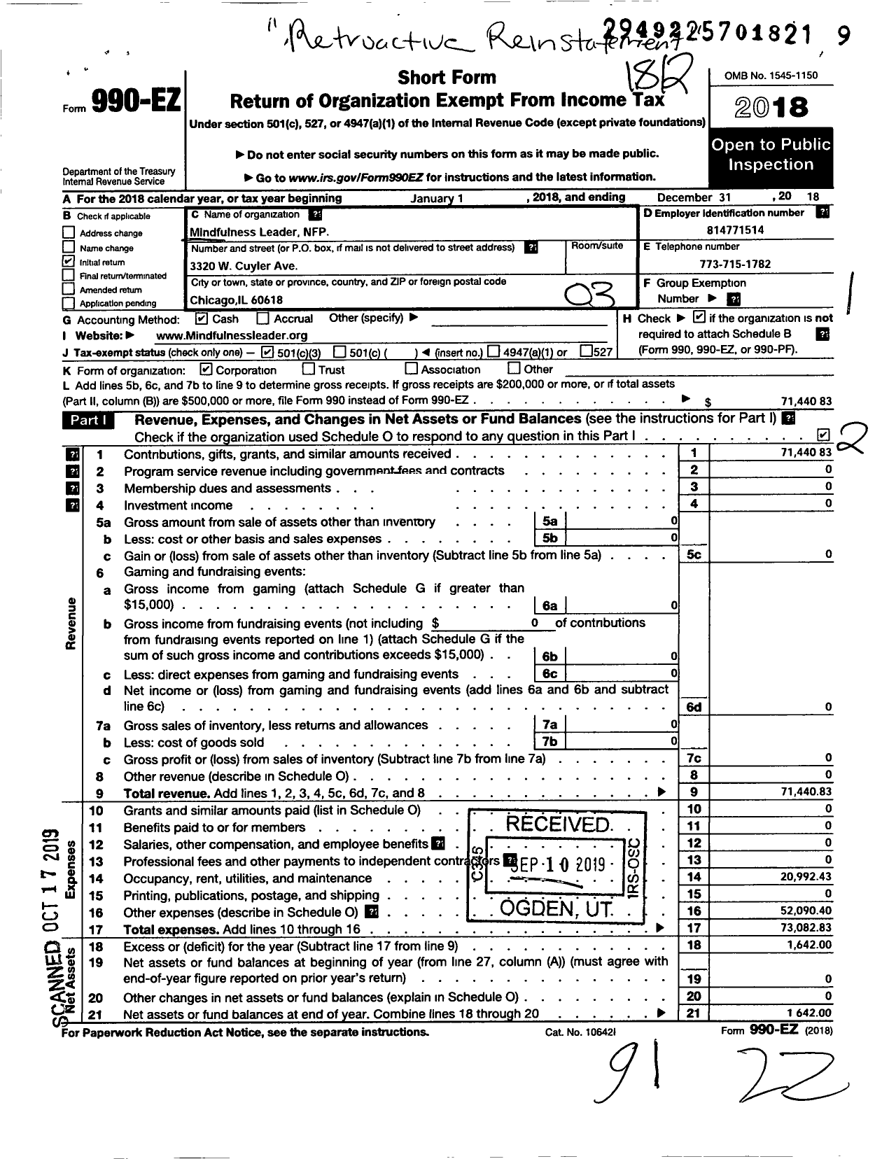 Image of first page of 2018 Form 990EZ for Mindfulness Leader NFP