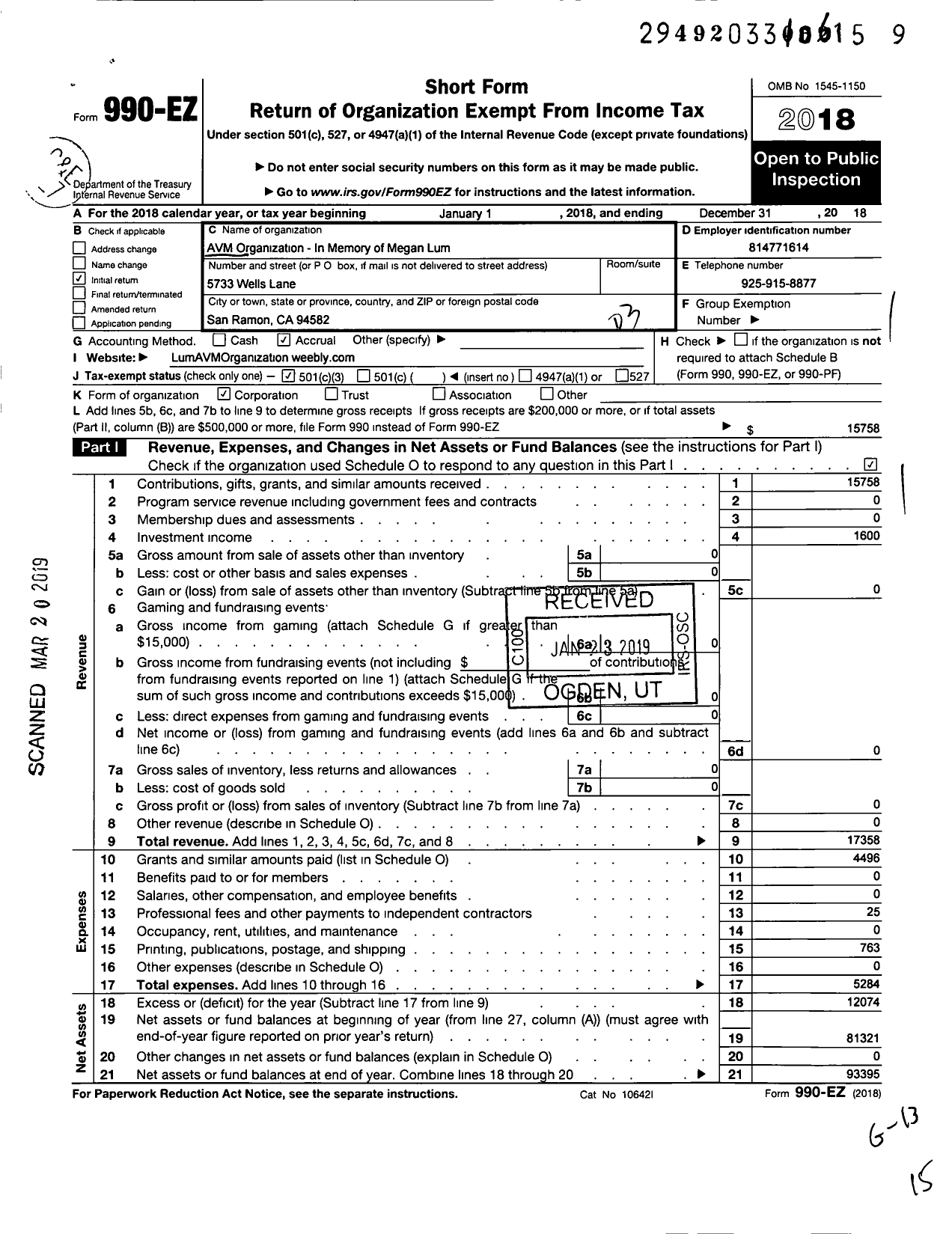 Image of first page of 2018 Form 990EZ for AVM Organization IMO Megan Lum