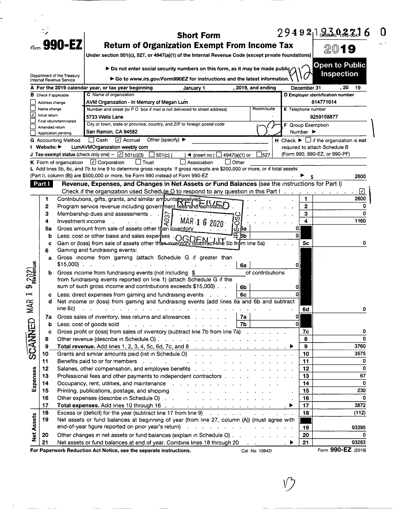 Image of first page of 2019 Form 990EZ for AVM Organization IMO Megan Lum