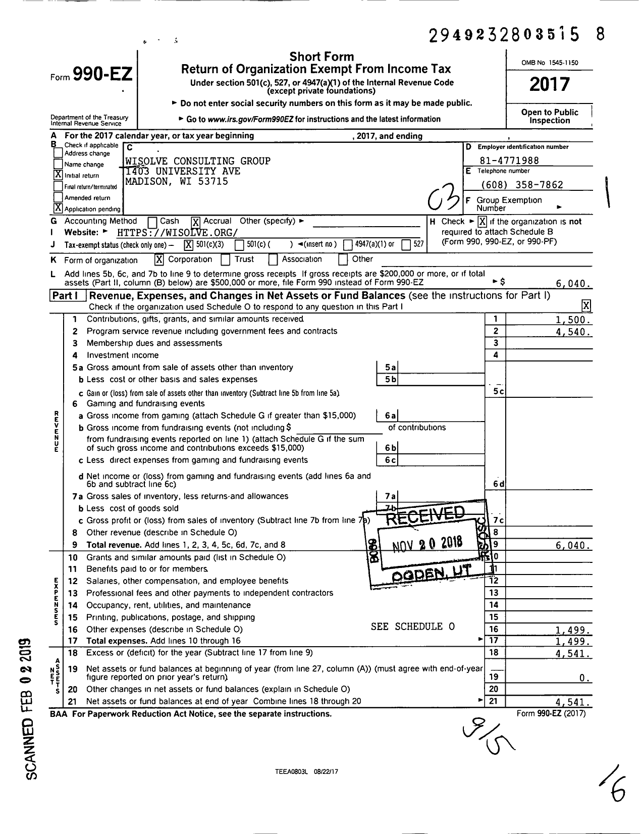 Image of first page of 2017 Form 990EZ for Wisolve Consulting Group