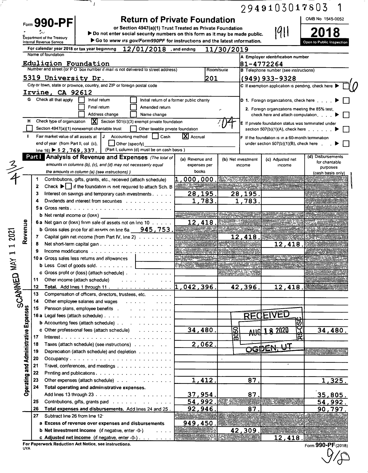 Image of first page of 2018 Form 990PF for Eduligion Foundation