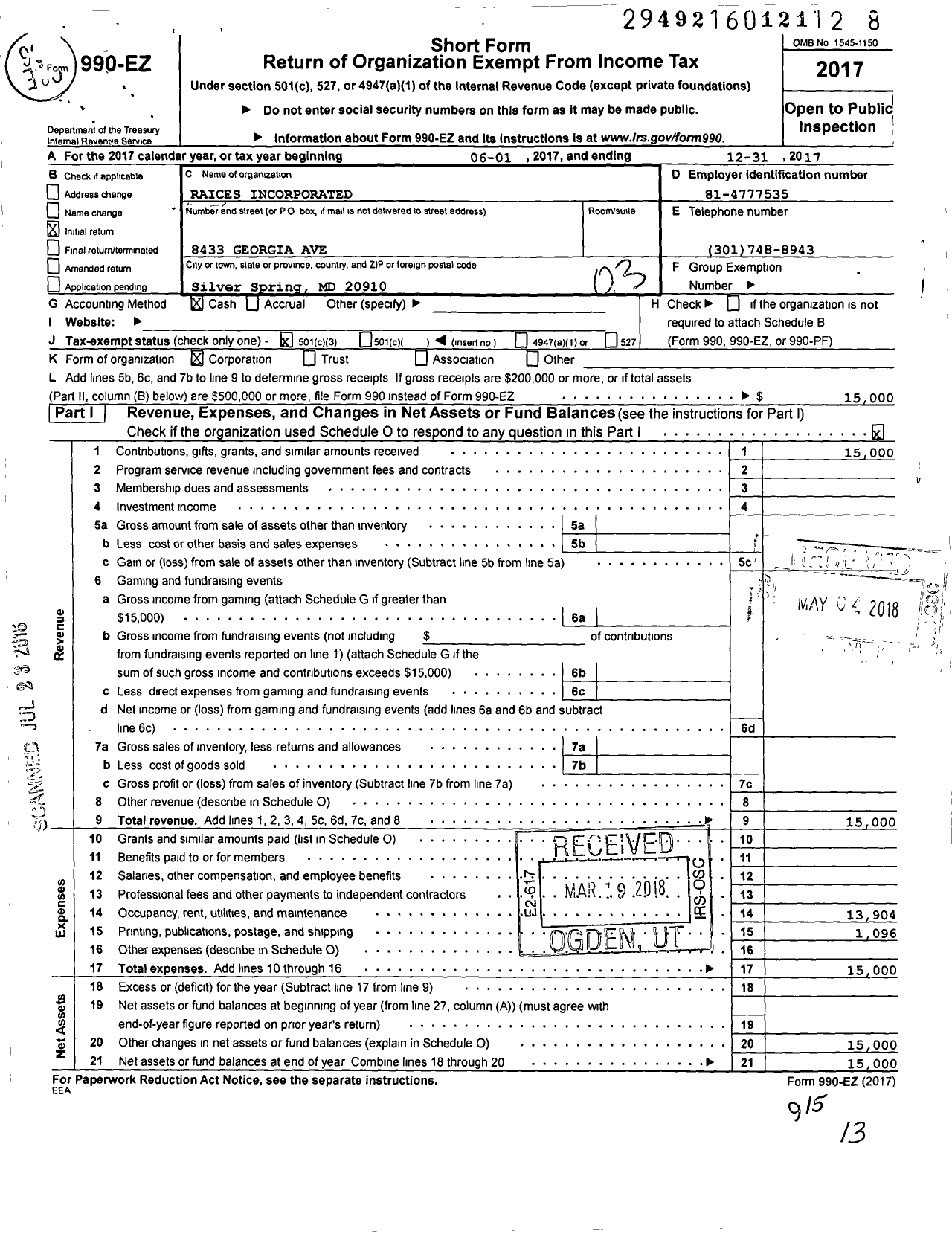 Image of first page of 2017 Form 990EZ for Raices Incorporated