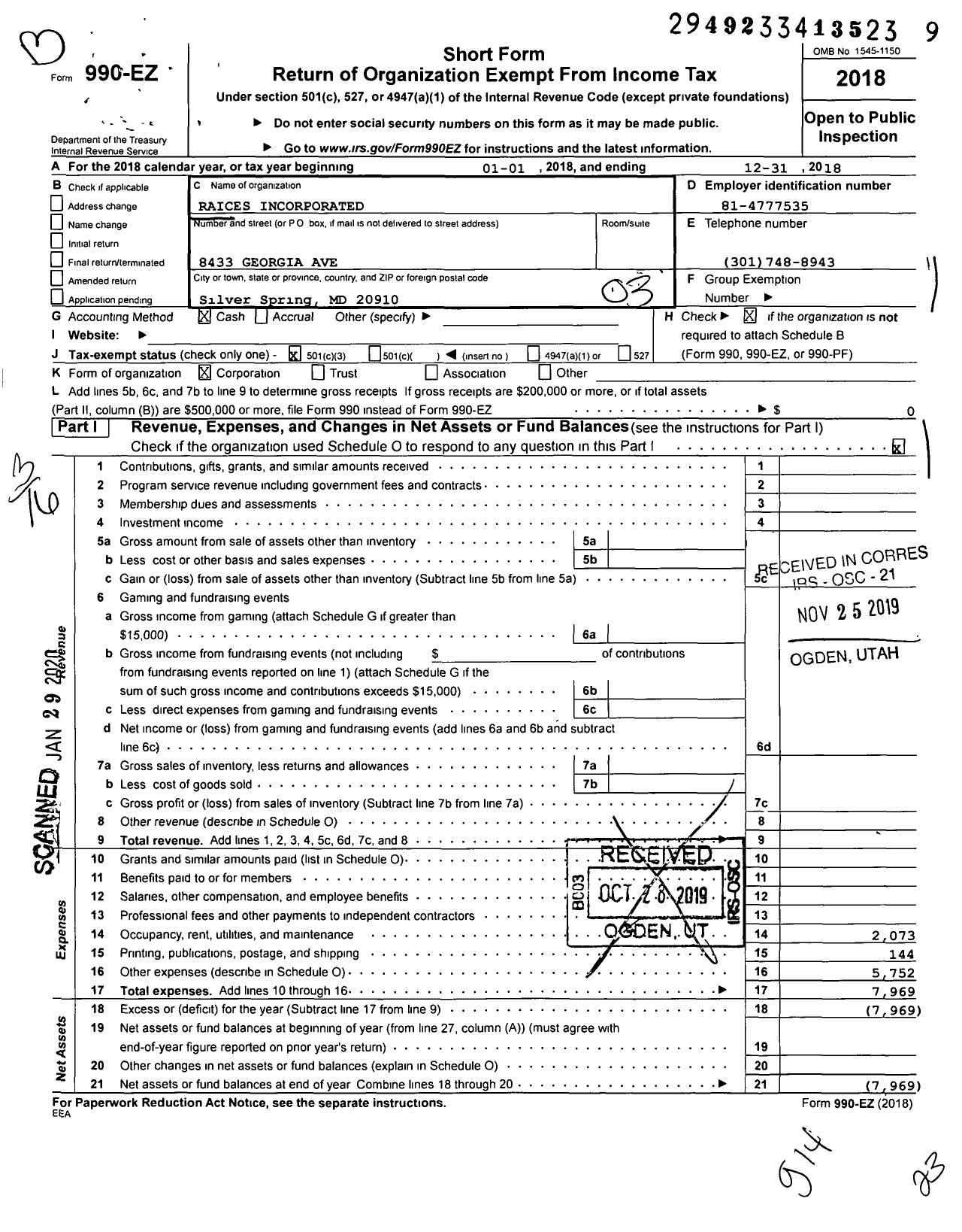 Image of first page of 2018 Form 990EZ for Raices Incorporated