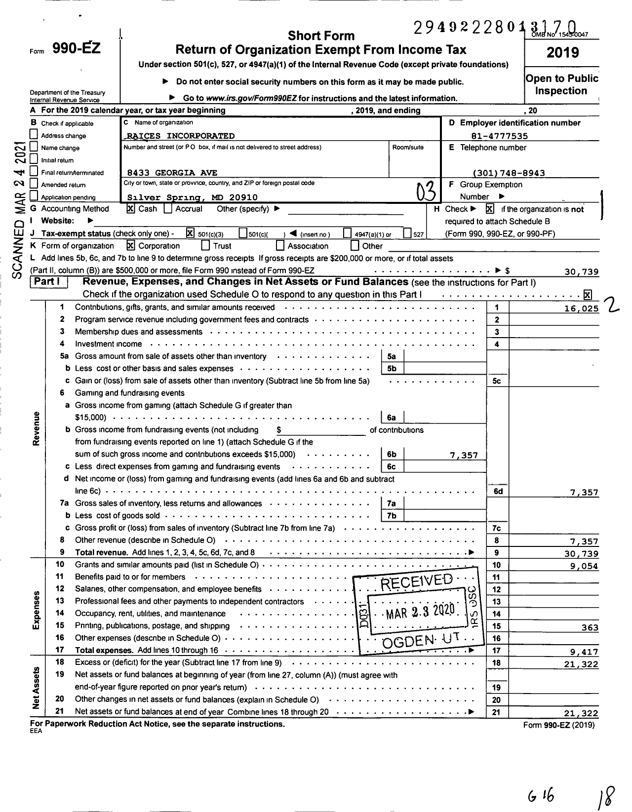 Image of first page of 2019 Form 990EZ for Raices Incorporated