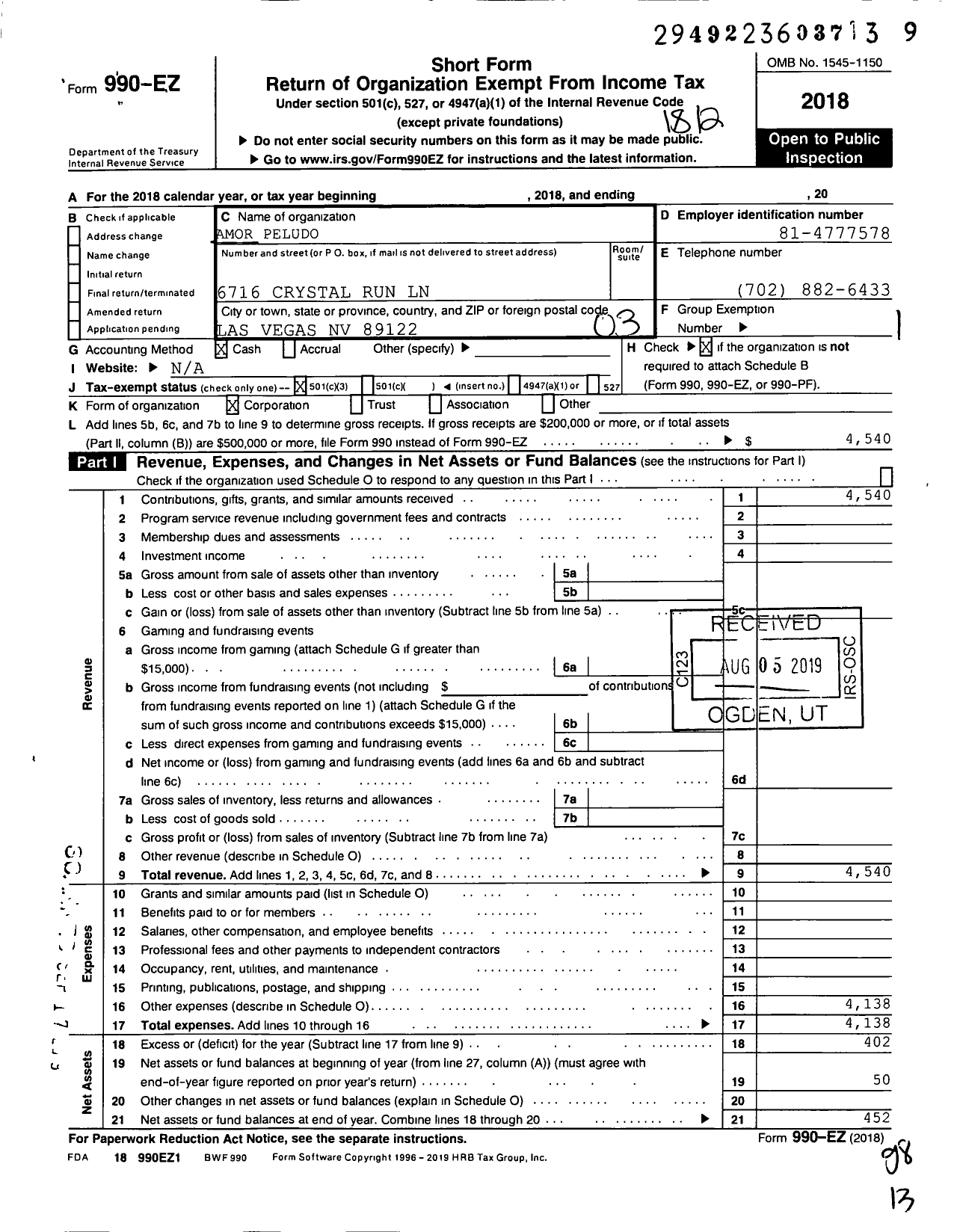 Image of first page of 2018 Form 990EZ for Amor Peludo