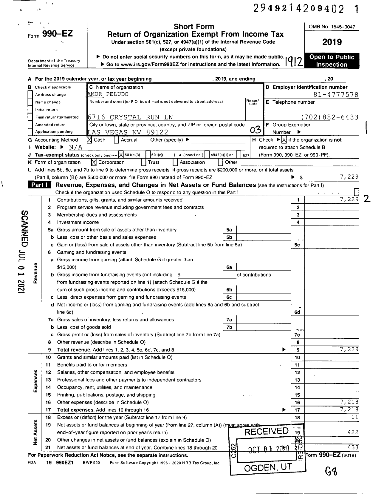 Image of first page of 2019 Form 990EZ for Amor Peludo