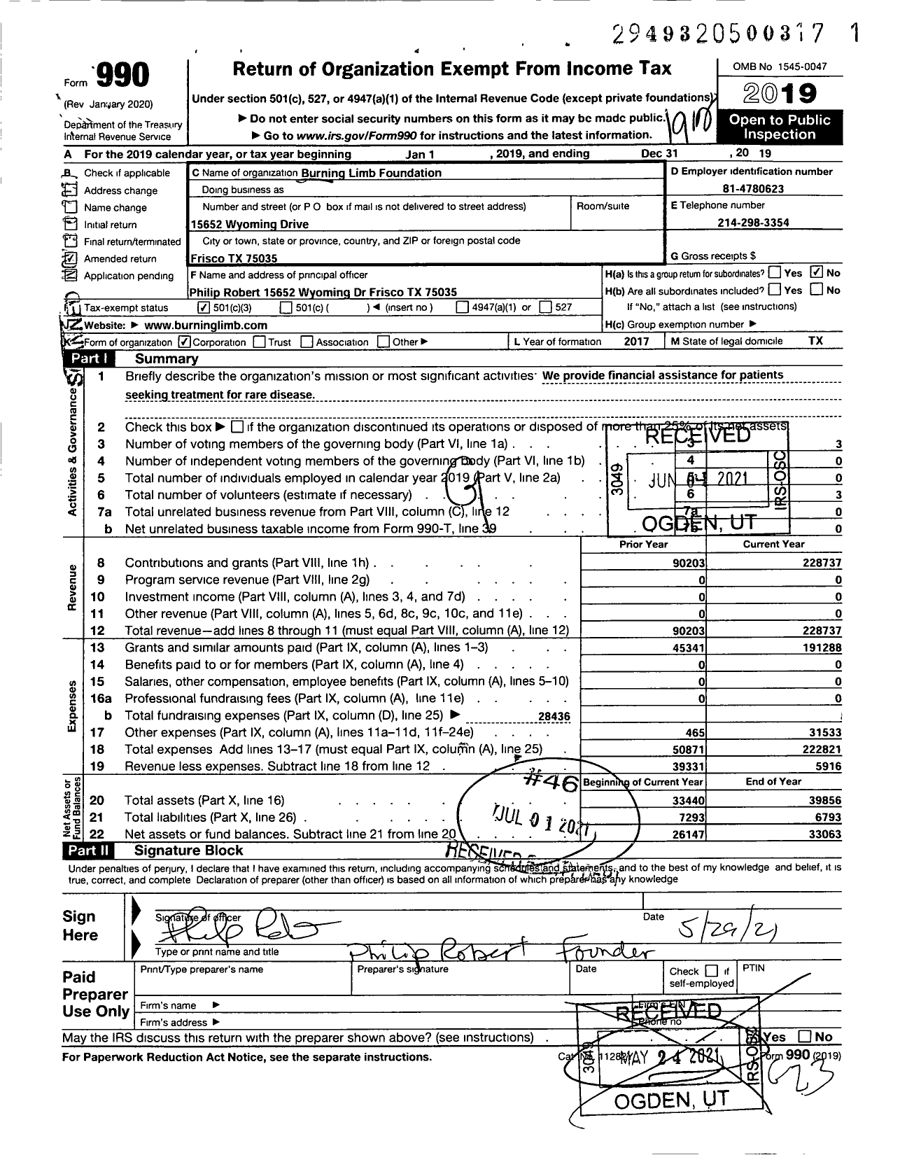 Image of first page of 2019 Form 990 for Burning Limb Foundation