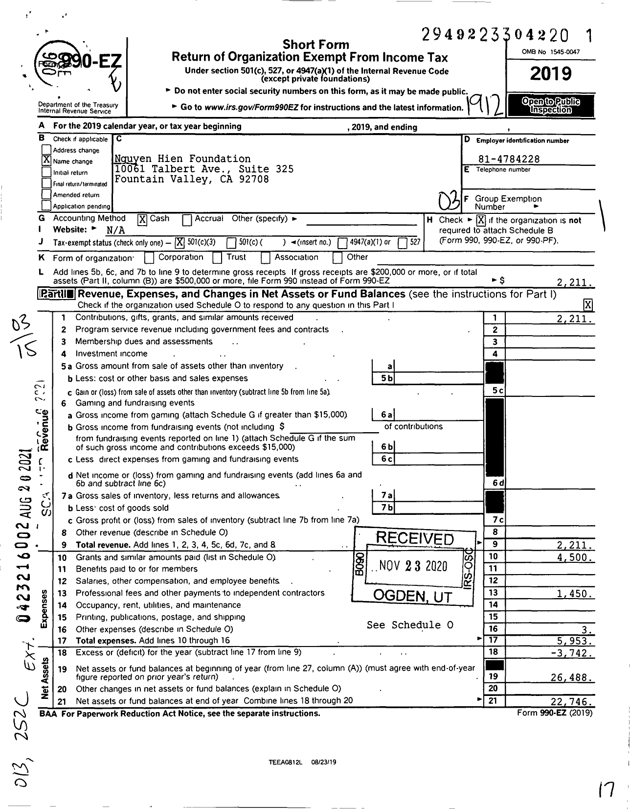 Image of first page of 2019 Form 990EZ for Nguyen Hien Foundation