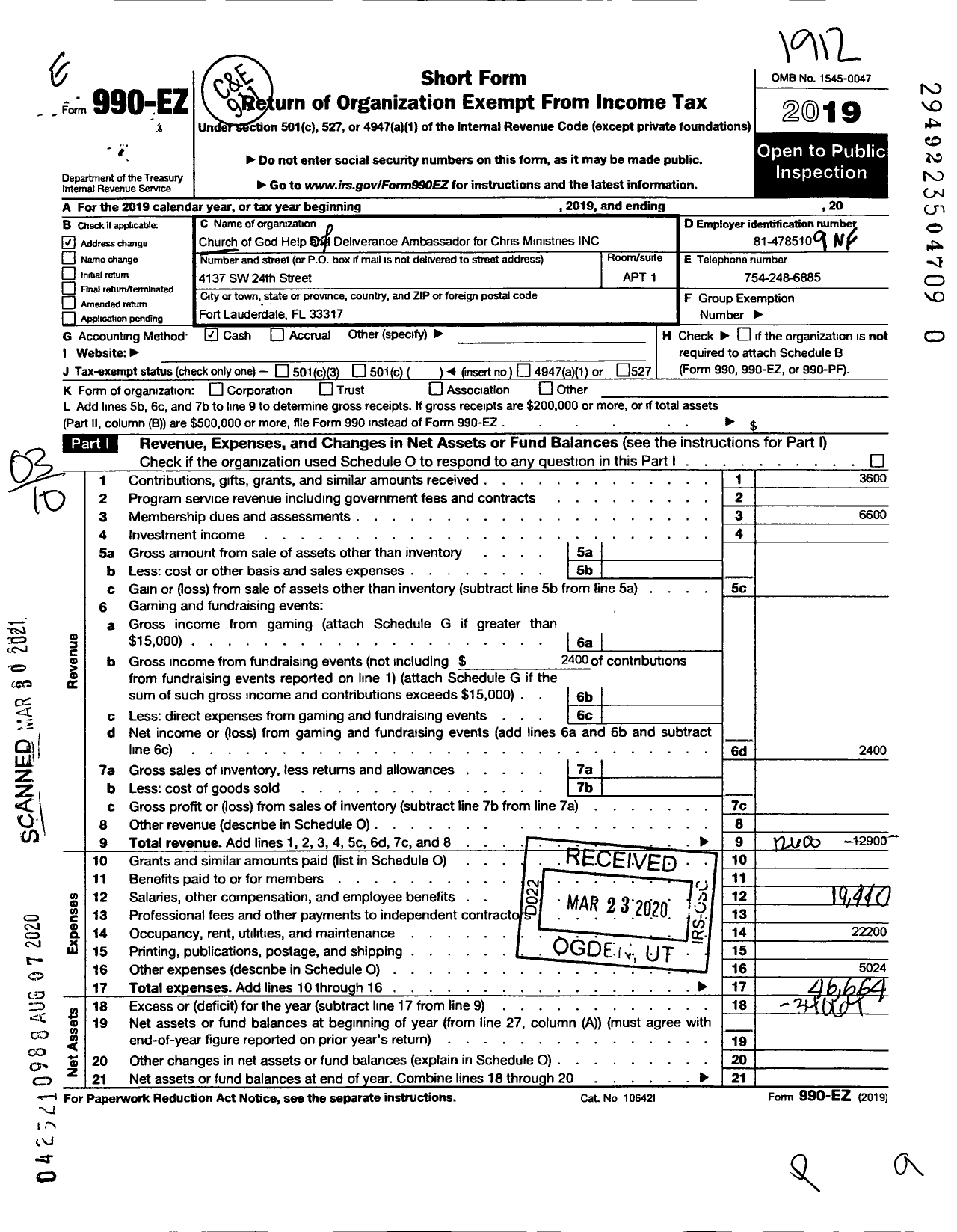 Image of first page of 2019 Form 990EZ for Church of God Help and Deliverance Ambassador for Christ Ministries