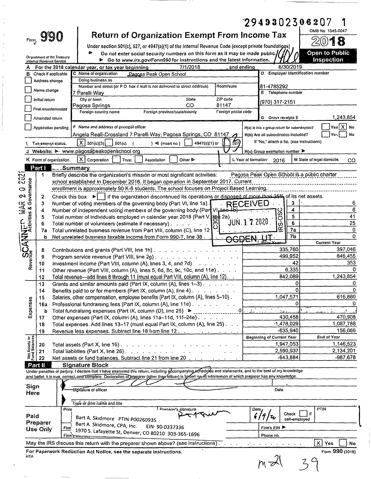 Image of first page of 2018 Form 990 for Pagosa Peak Open School