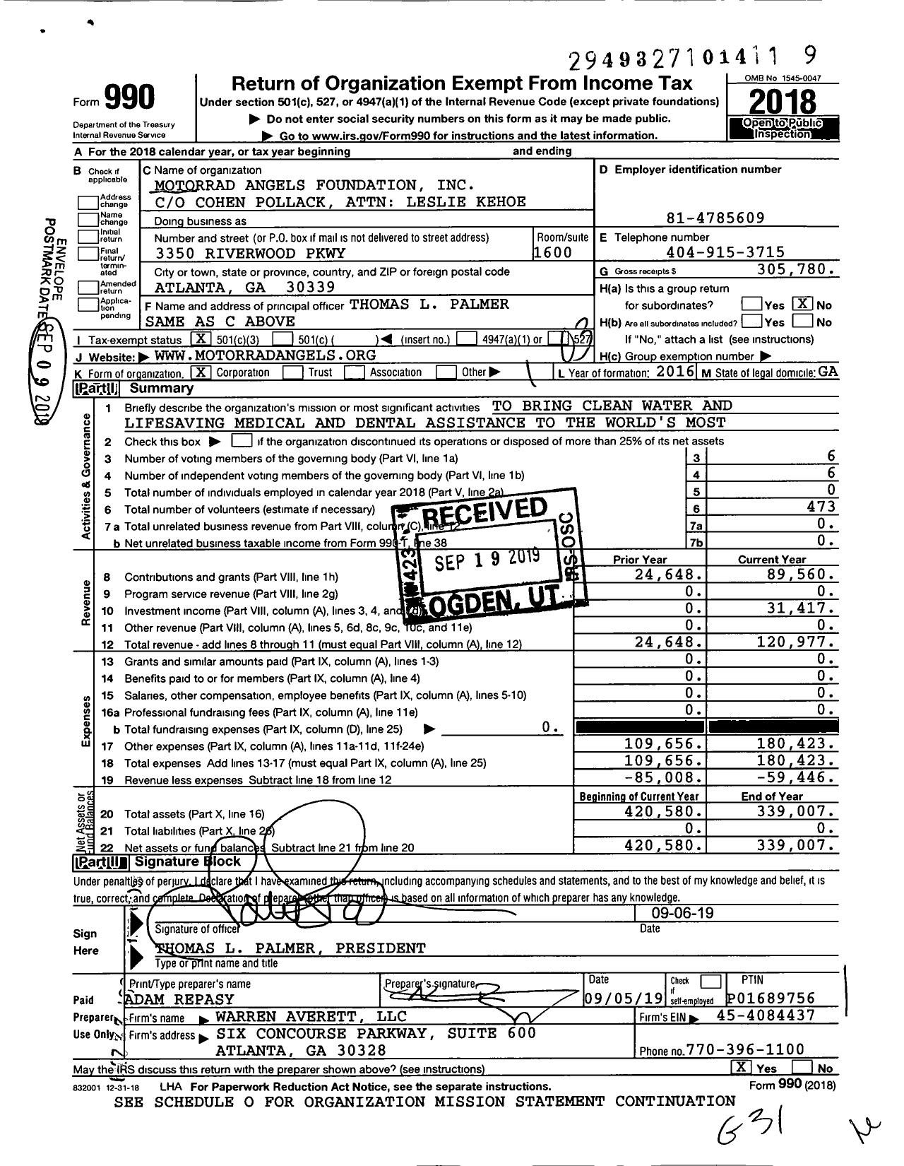 Image of first page of 2018 Form 990 for Motorrad Angels Foundation