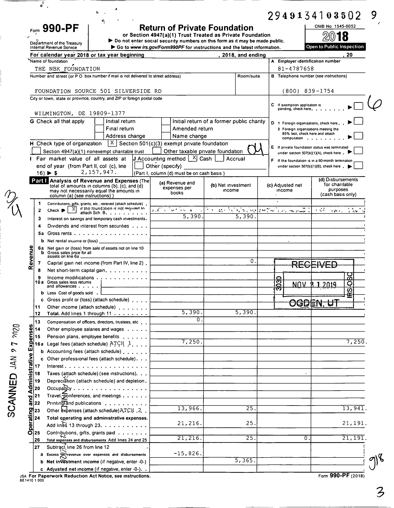 Image of first page of 2018 Form 990PF for The NBK Foundation