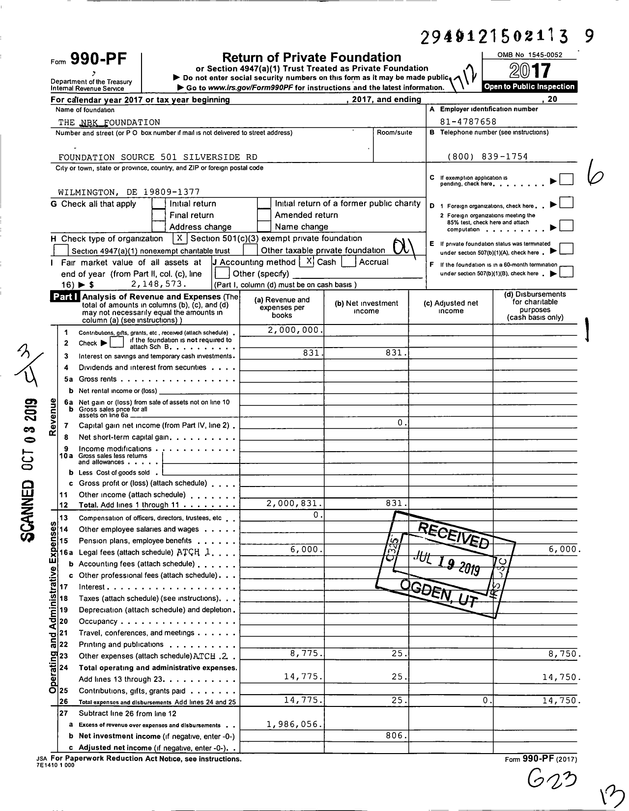 Image of first page of 2017 Form 990PF for The NBK Foundation
