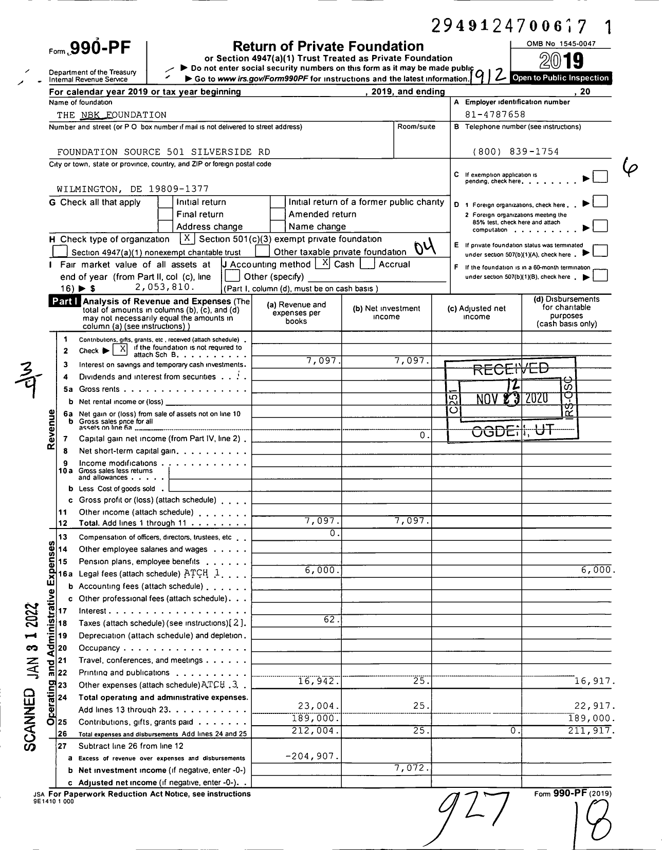 Image of first page of 2019 Form 990PF for The NBK Foundation