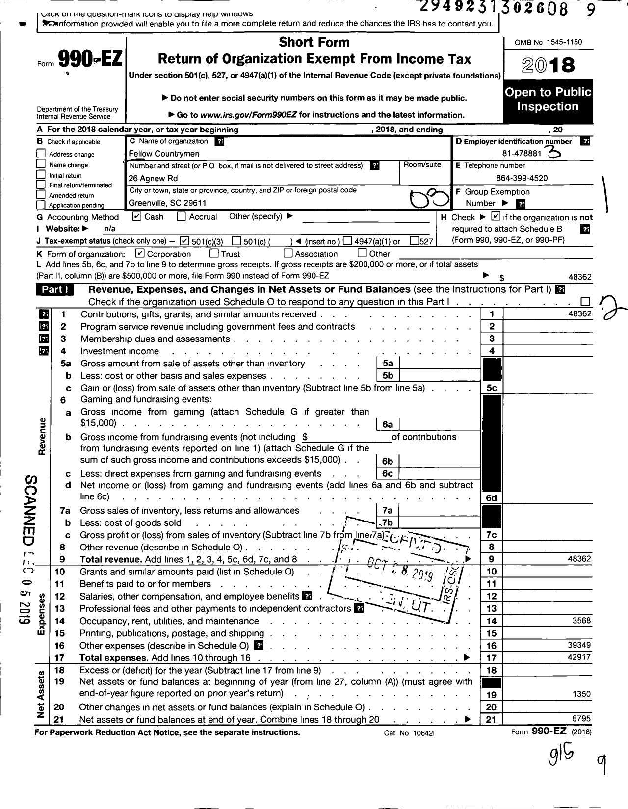 Image of first page of 2018 Form 990EZ for Fellow Countrymen