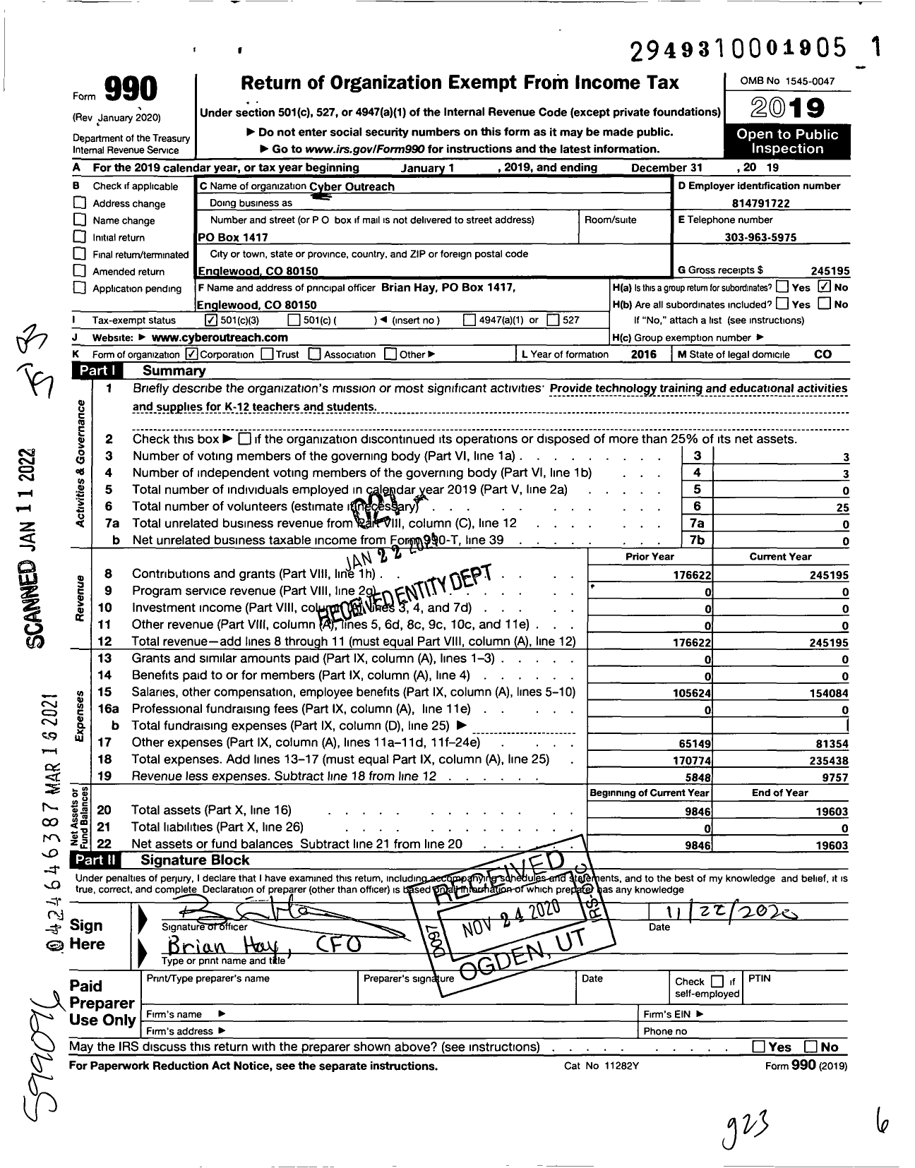 Image of first page of 2019 Form 990 for Cyber Outreach