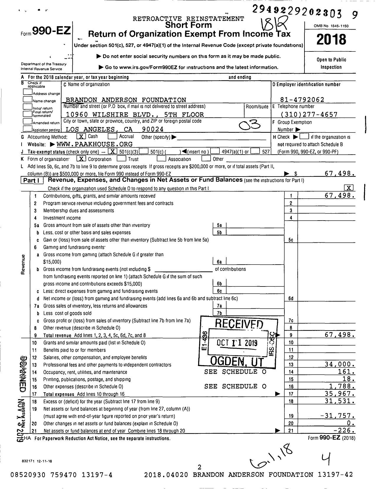 Image of first page of 2018 Form 990EZ for Brandon Anderson Foundation