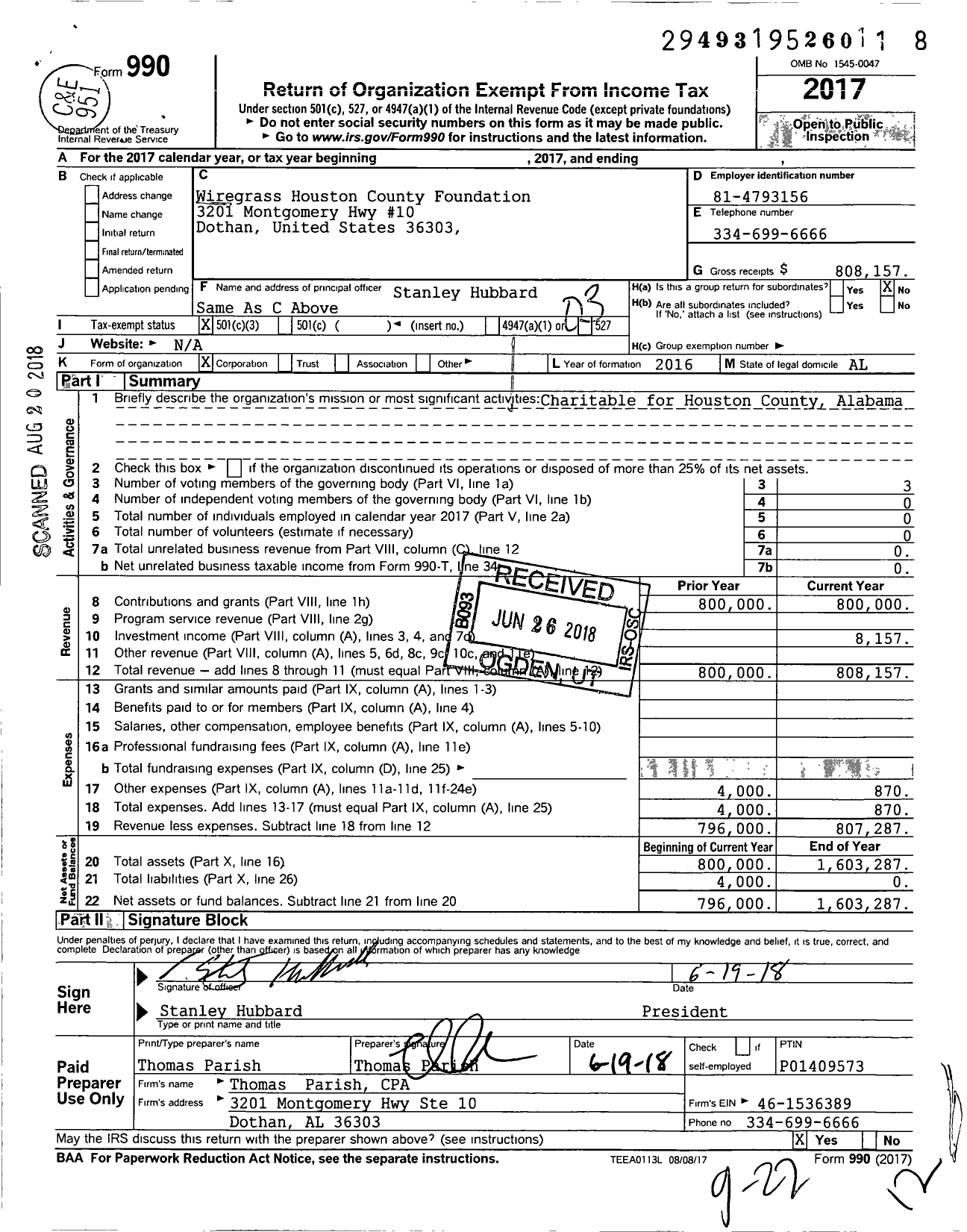 Image of first page of 2017 Form 990 for Wiregrass Houston County Foundation