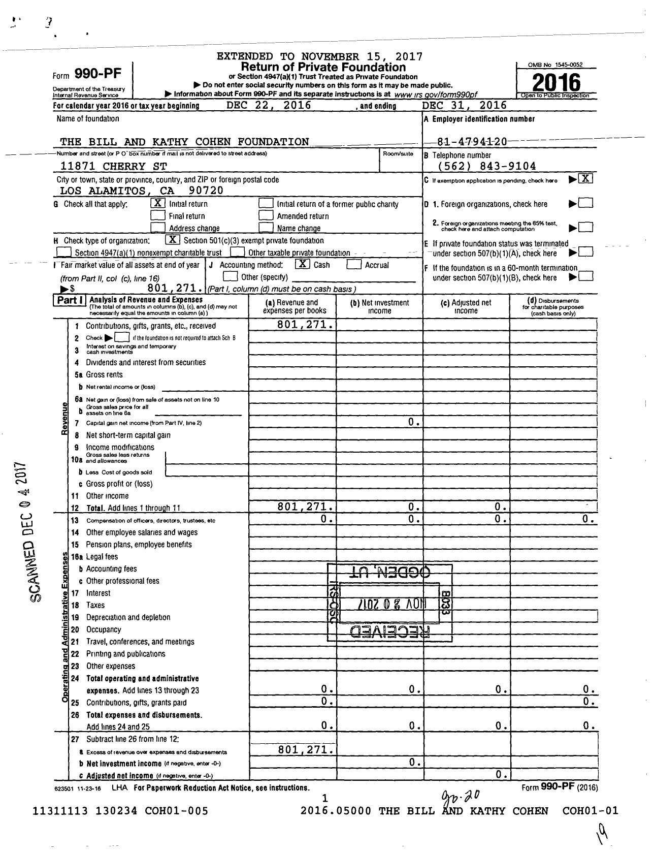 Image of first page of 2016 Form 990PF for The Bill and Kathy Cohen Foundation