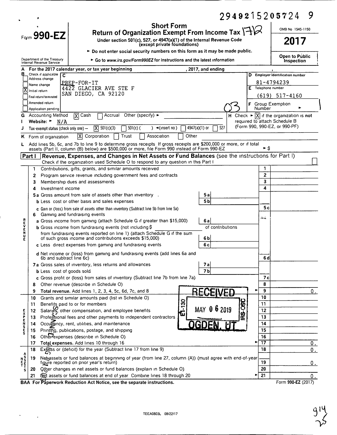 Image of first page of 2017 Form 990EZ for Prep-For-It