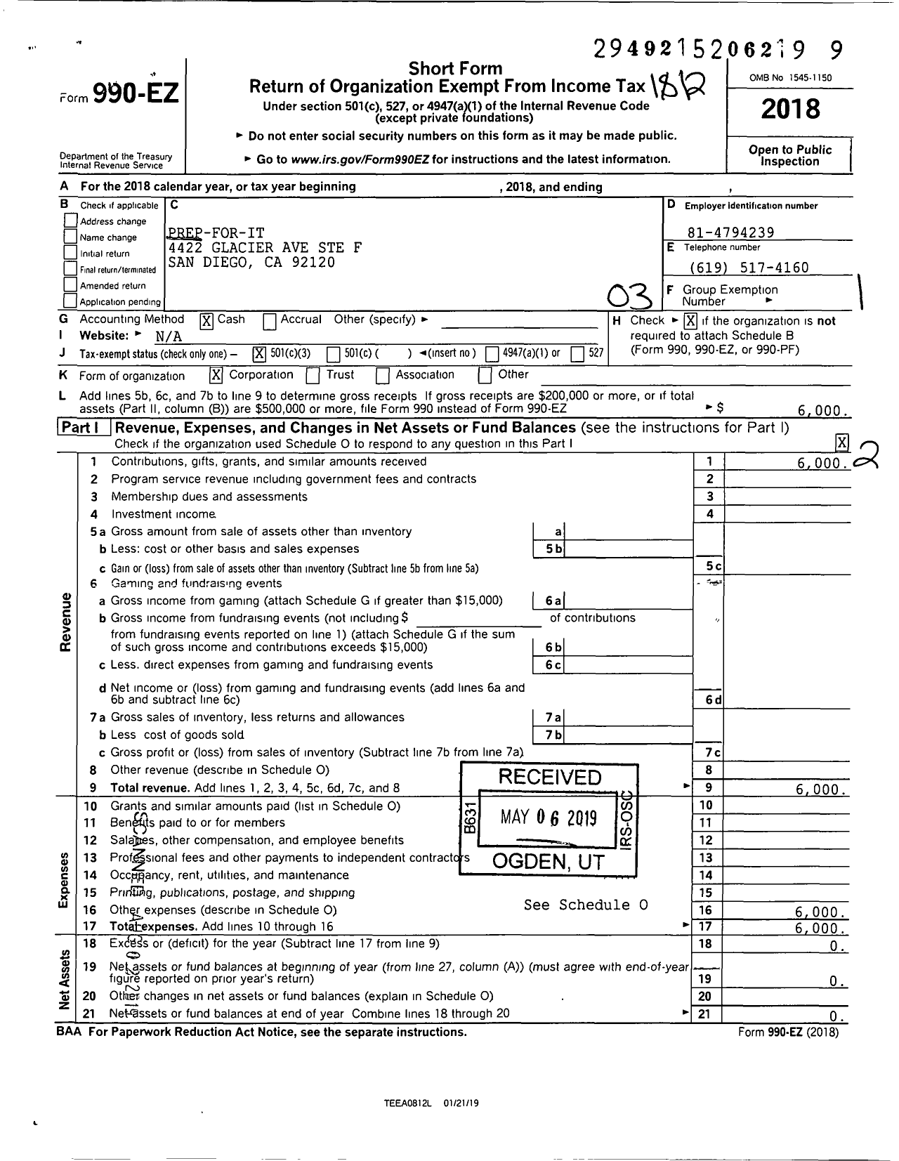 Image of first page of 2018 Form 990EZ for Prep-For-It