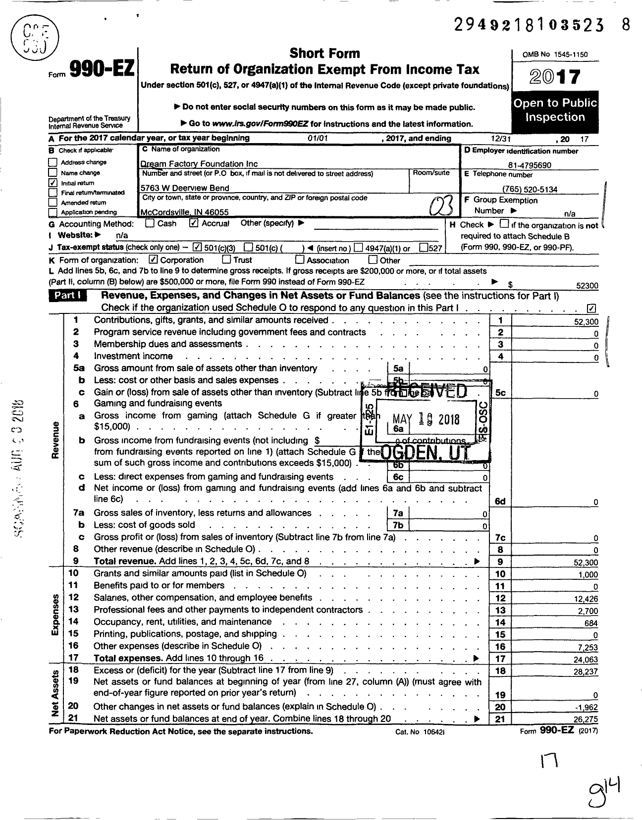 Image of first page of 2017 Form 990EZ for Dream Factory Foundation