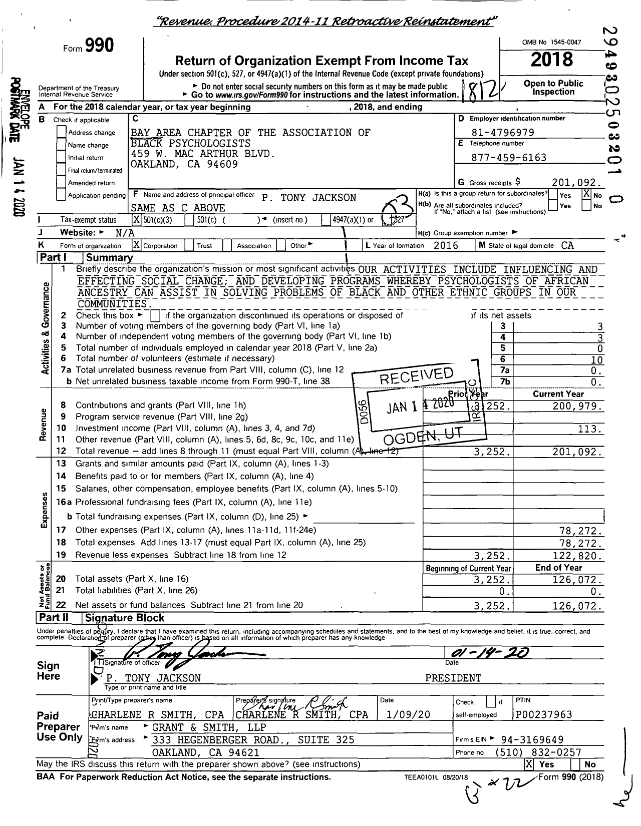 Image of first page of 2018 Form 990 for Bay Area Chapter of the Association of Black Psychologists