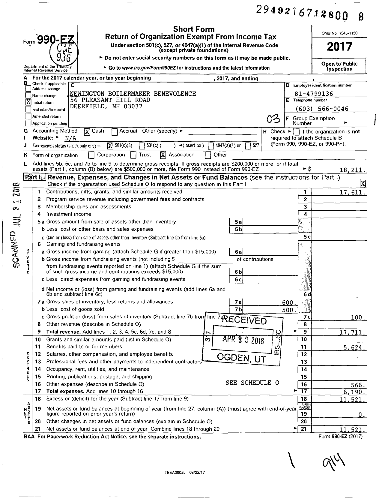 Image of first page of 2017 Form 990EZ for Newington Boilermaker Benevolence Association