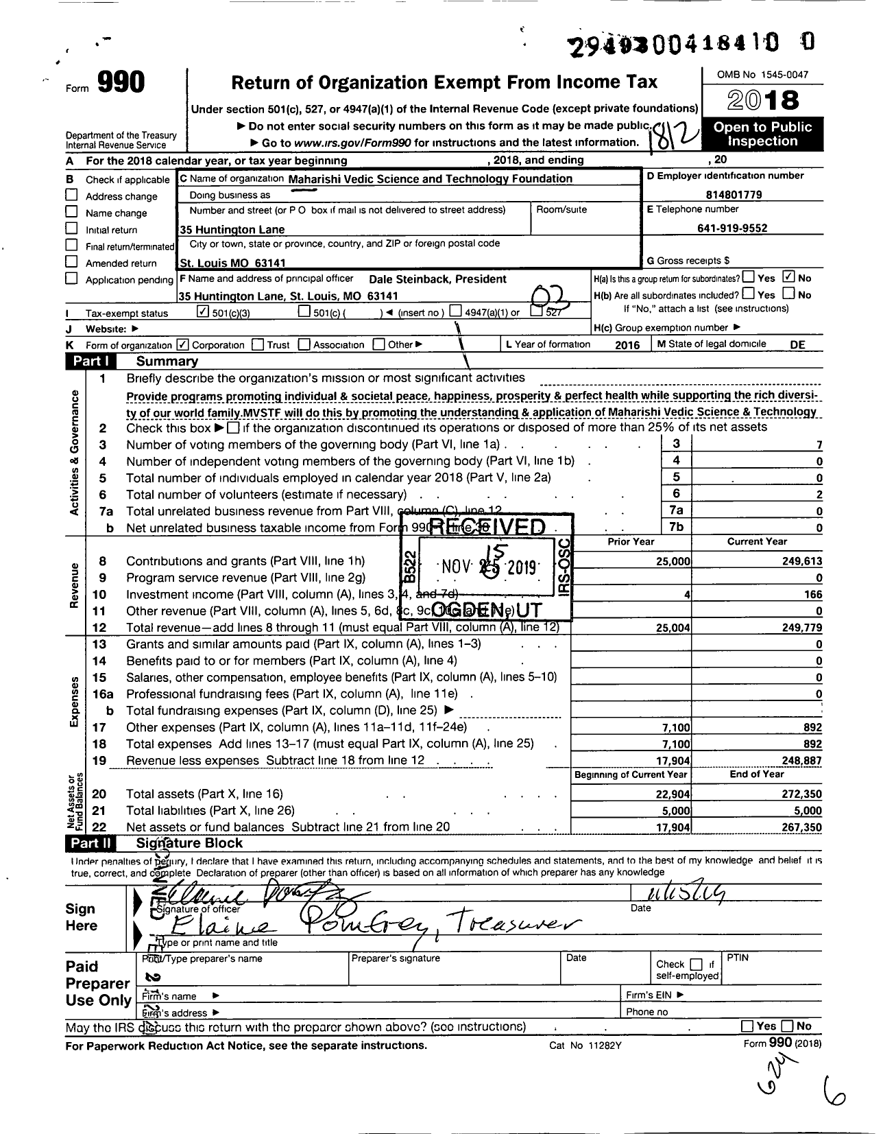 Image of first page of 2018 Form 990 for Maharishi Vedic Science and Technology Foundation