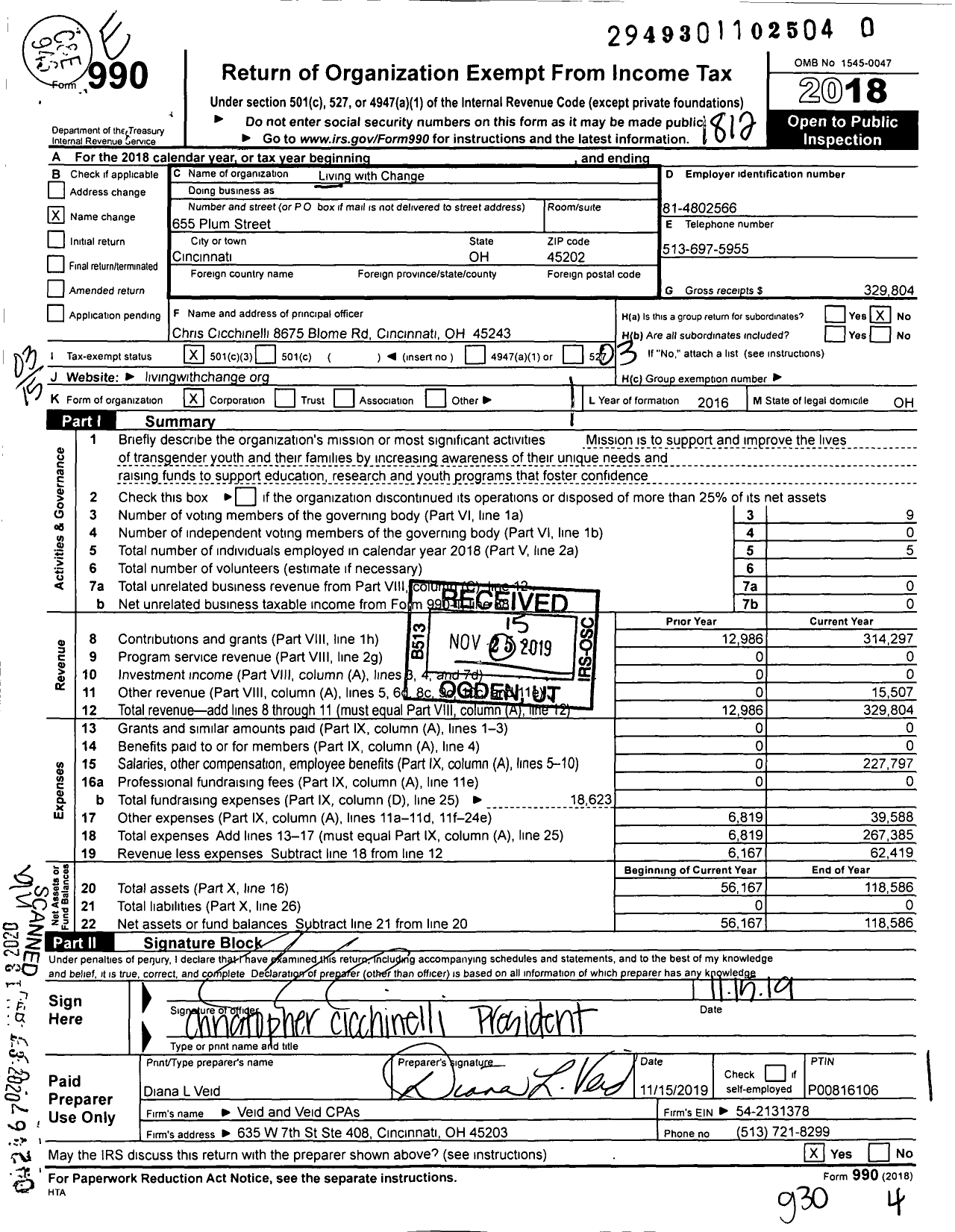 Image of first page of 2018 Form 990 for Living with Change