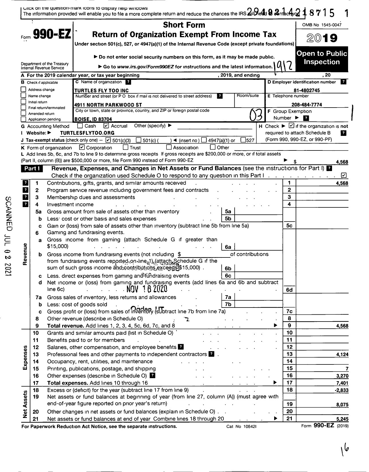 Image of first page of 2019 Form 990EZ for Turtles Fly Too